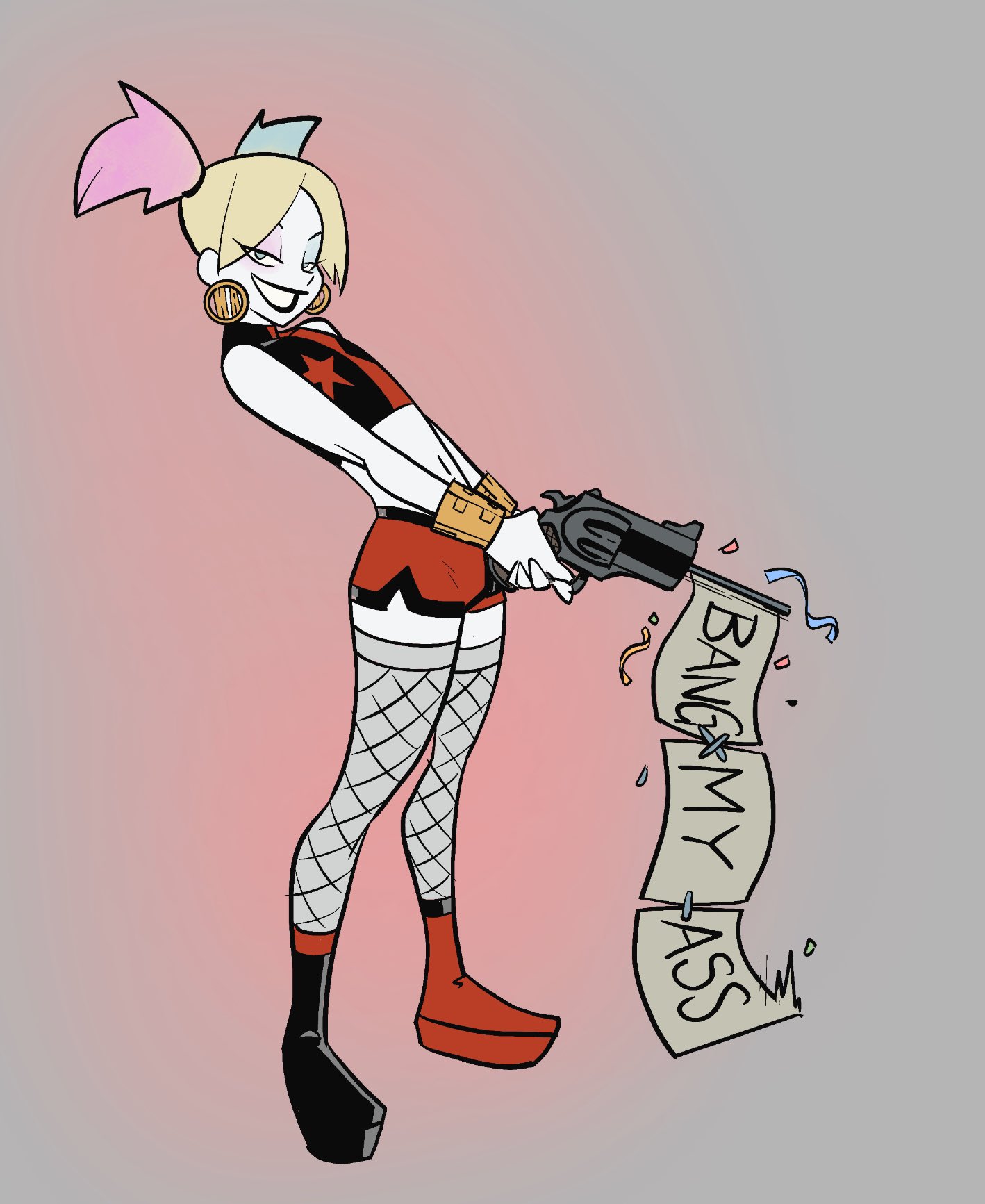 1boy, bad id, bad twitter id, batman (series), boots, dc, dc comics, femboy, feminine male, fishnet stockings, genderswap, genderswap (ftm), harley quinn, henshintiger, hoop earrings, male, male harley, male only, rule 63, solo
