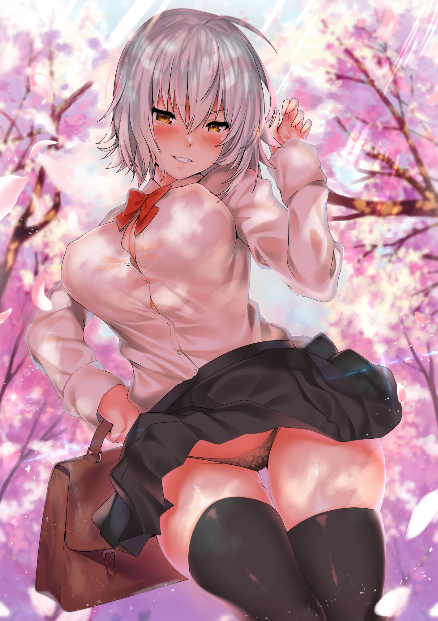 ahoge, bag, bangs, black panties, black skirt, black thighhighs, blush, breasts, cherry blossoms, clothes lift, commentary request, day, fate (series), fate/grand order, female, hair between eyes, highres, jeanne alter, jeanne d'arc (fate), jeanne d'arc alter (avenger) (fate), jeanne d'arc alter (fate), kawai (purplrpouni), large breasts, long sleeves, looking at viewer, neckerchief, open mouth, outdoors, panties, pantyshot, petals, pleated skirt, red neckerchief, red neckwear, school bag, school uniform, shirt, short hair, silver hair, skirt, skirt lift, smile, solo, standing, thighhighs, tree, underwear, upskirt, white shirt, wind, wind lift, yellow eyes