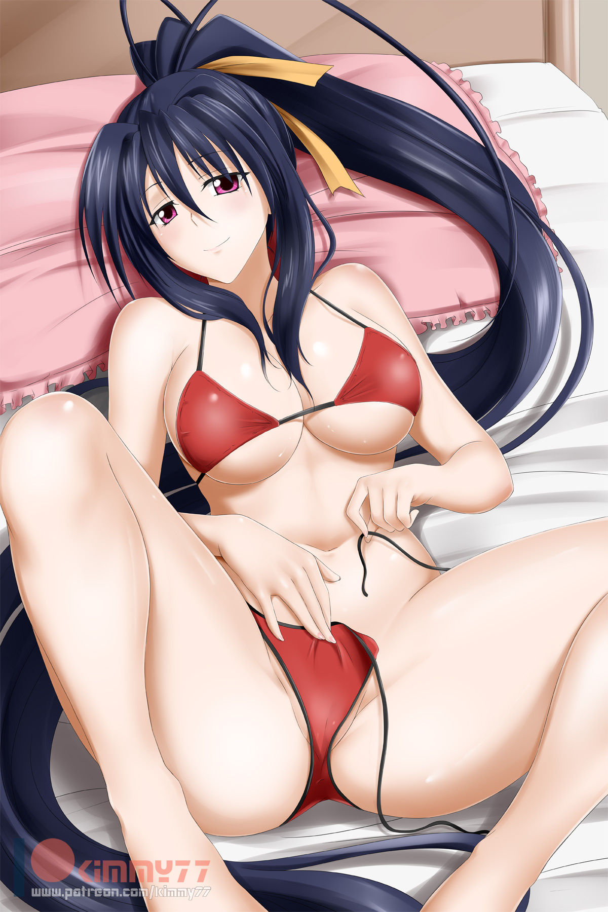 1girls, akeno himejima, big breasts, breasts, collarbone, female, frilled pillow, frills, hair ribbon, high ponytail, high school dxd, highres, kimmy77, solo