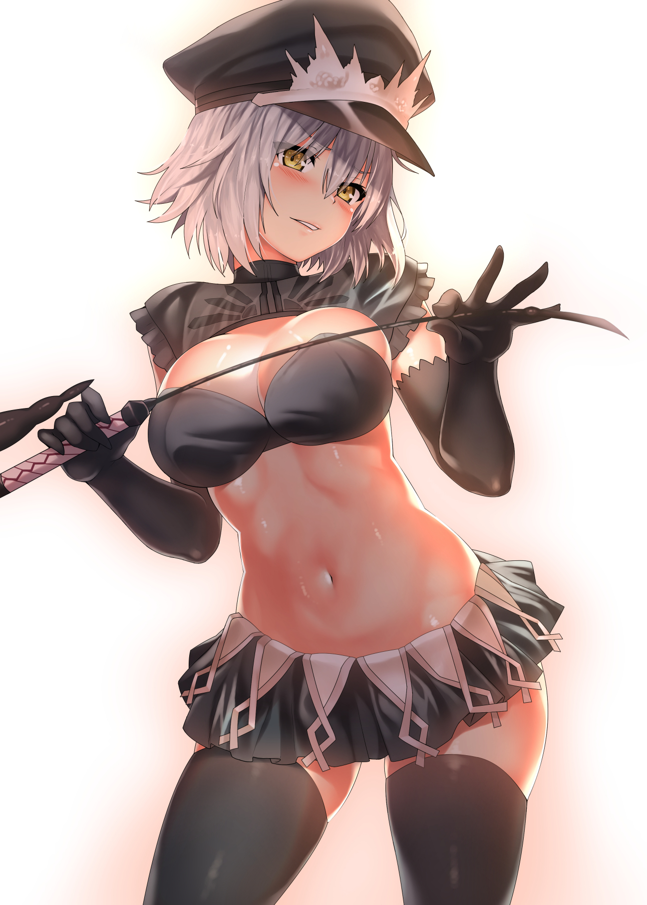 bangs, black gloves, black skirt, black thighhighs, blush, breasts, cowboy shot, elbow gloves, fate (series), fate/grand order, female, gloves, grey hair, hair between eyes, hands up, hat, highres, holding, jeanne alter, jeanne d'arc (fate), jeanne d'arc alter (avenger) (fate), jeanne d'arc alter (fate), kawai (purplrpouni), large breasts, looking at viewer, midriff, miniskirt, navel, parted lips, peaked cap, riding crop, short hair, skirt, smile, solo, stomach, thighhighs, tsurime, yellow eyes