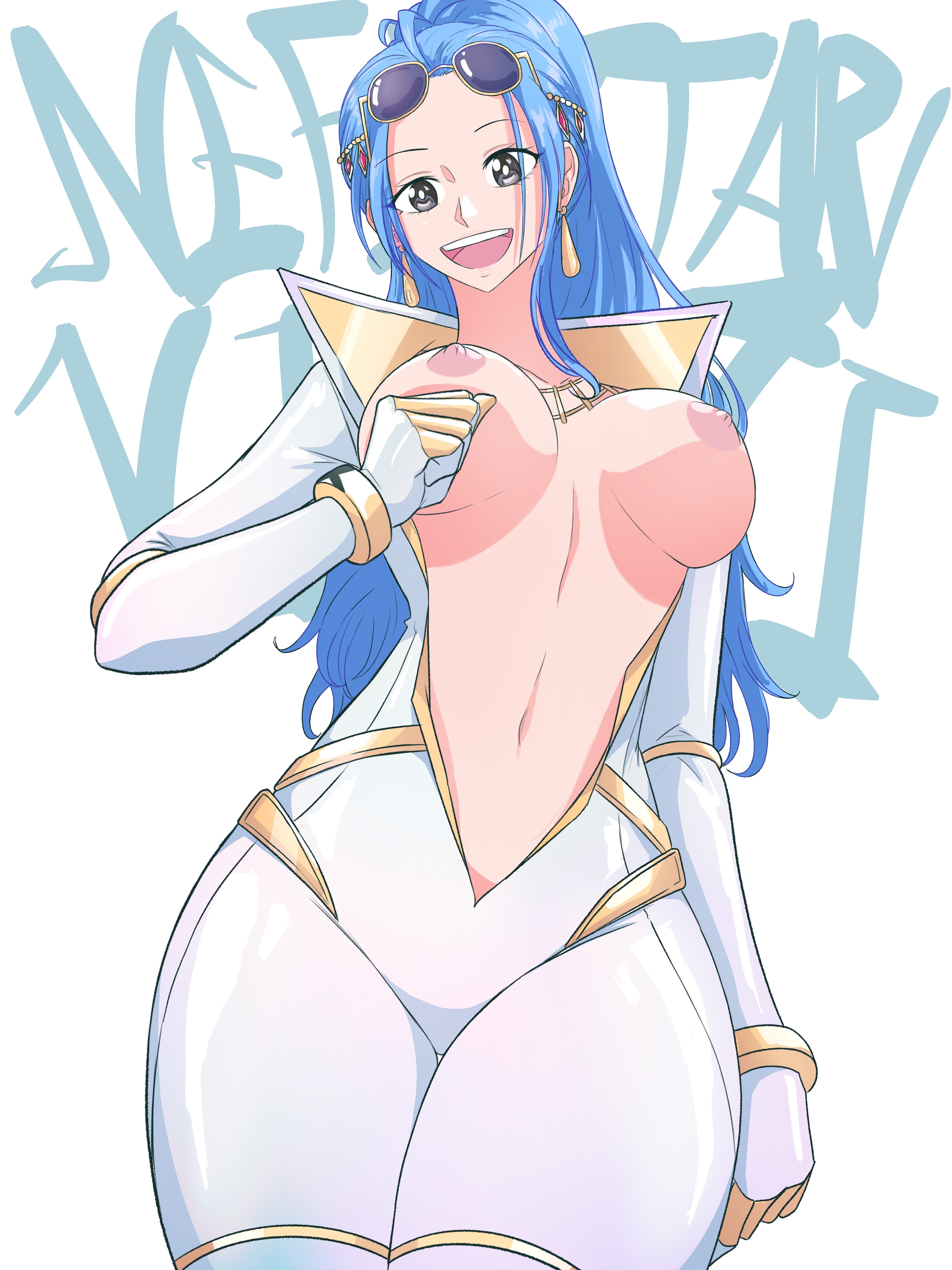 1girls, big breasts, blue hair, blue-haired female, breasts, female, female only, nefertari vivi, nude, nude female, one piece, opalisart, sunglasses on head