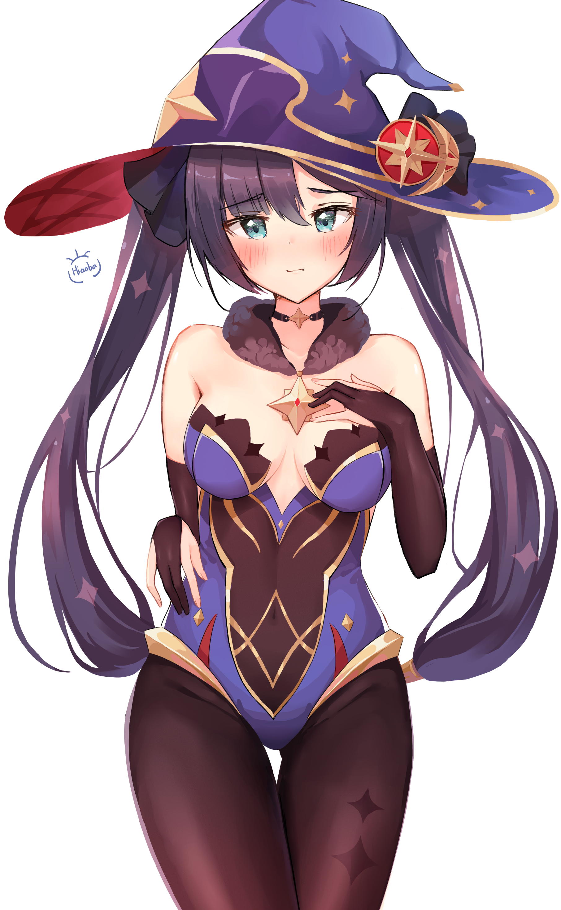 blue eyes, dress, female, genshin impact, long hair, mona (genshin impact), purple hair, smile, twintails
