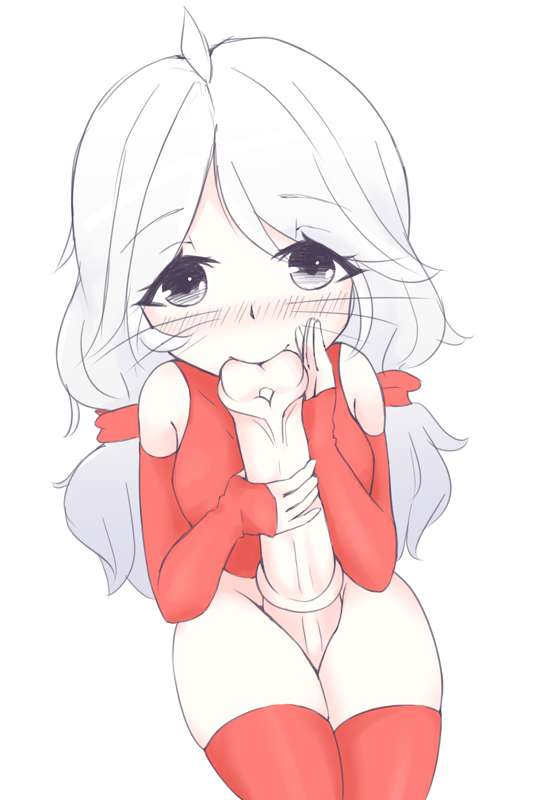 1futa, animal genitalia, autofellatio, bottomless, breasts, clothed, clothing, futa only, futanari, high-angle view, horsecock, huge cock, human, human with animal genitalia, human with horsecock, intersex, light skin, light-skinned futa, long hair, looking at viewer, pach (poduu), partially clothed, penis, poduu, solo, white hair