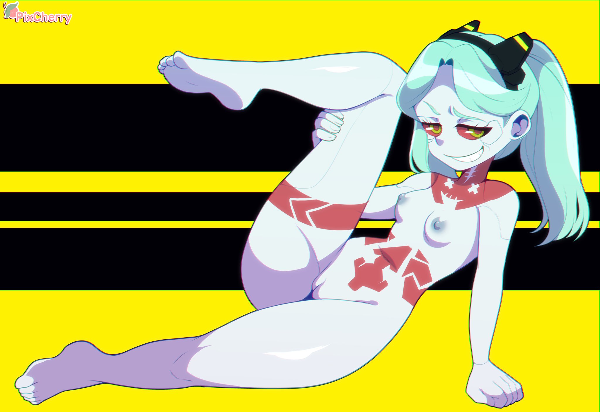 1girls, areolae, breasts, cherrypix, cybernetics, cyberpunk 2077, cyberpunk: edgerunners, cyborg, eye contact, female, female only, green eyes, looking at viewer, nipples, no nostrils, nude, nude female, pussy, rebecca (edgerunners), red sclera, small breasts, small nose, smug, solo, solo female, thin eyebrows, twintails, very small nose