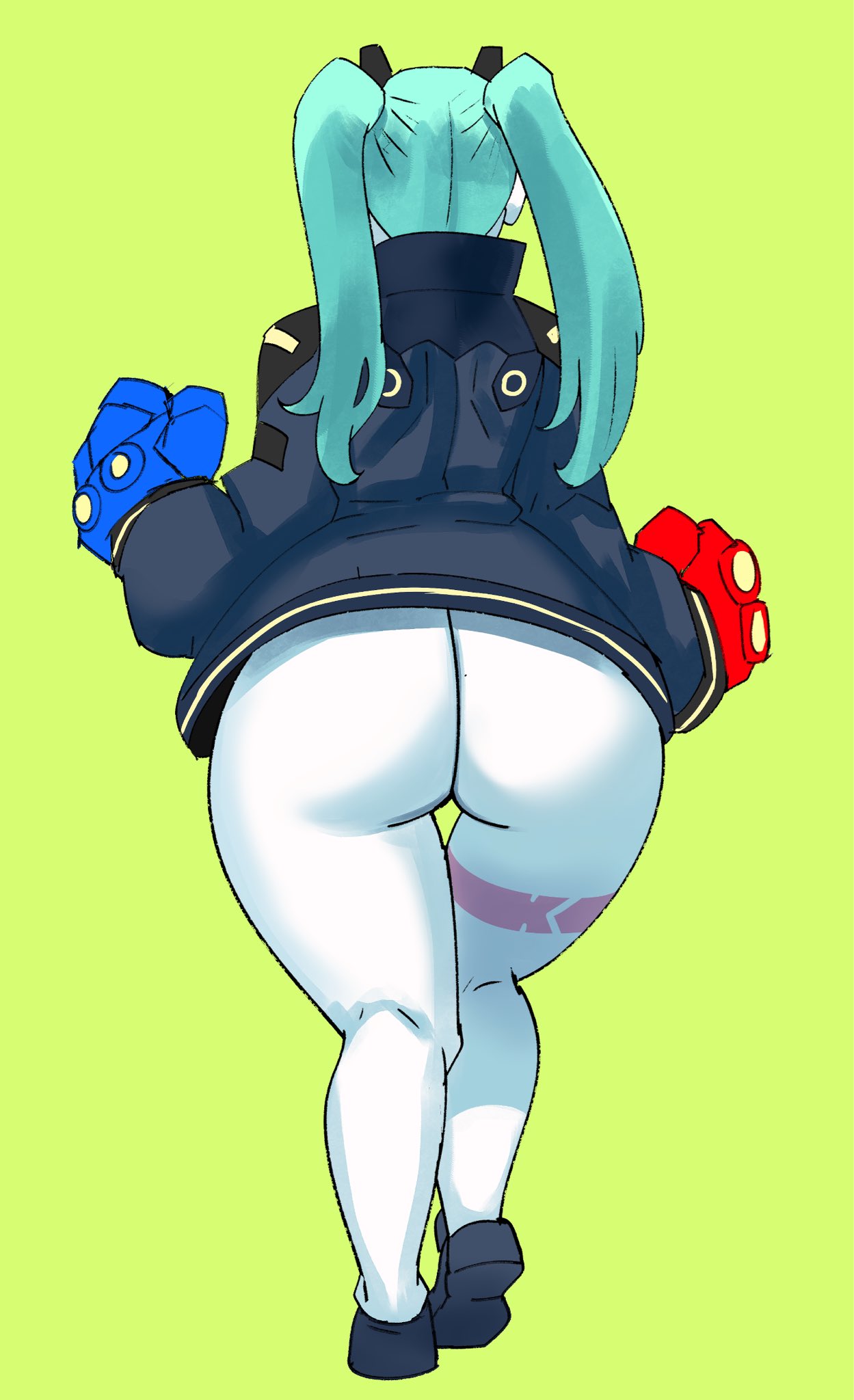 1girls, ass, bottom heavy, clothing, cybernetics, cyberpunk 2077, cyberpunk: edgerunners, female, female only, footwear, hi res, human, netflix, outerwear, pale skin, rebecca (edgerunners), solo, thighs, ytrall