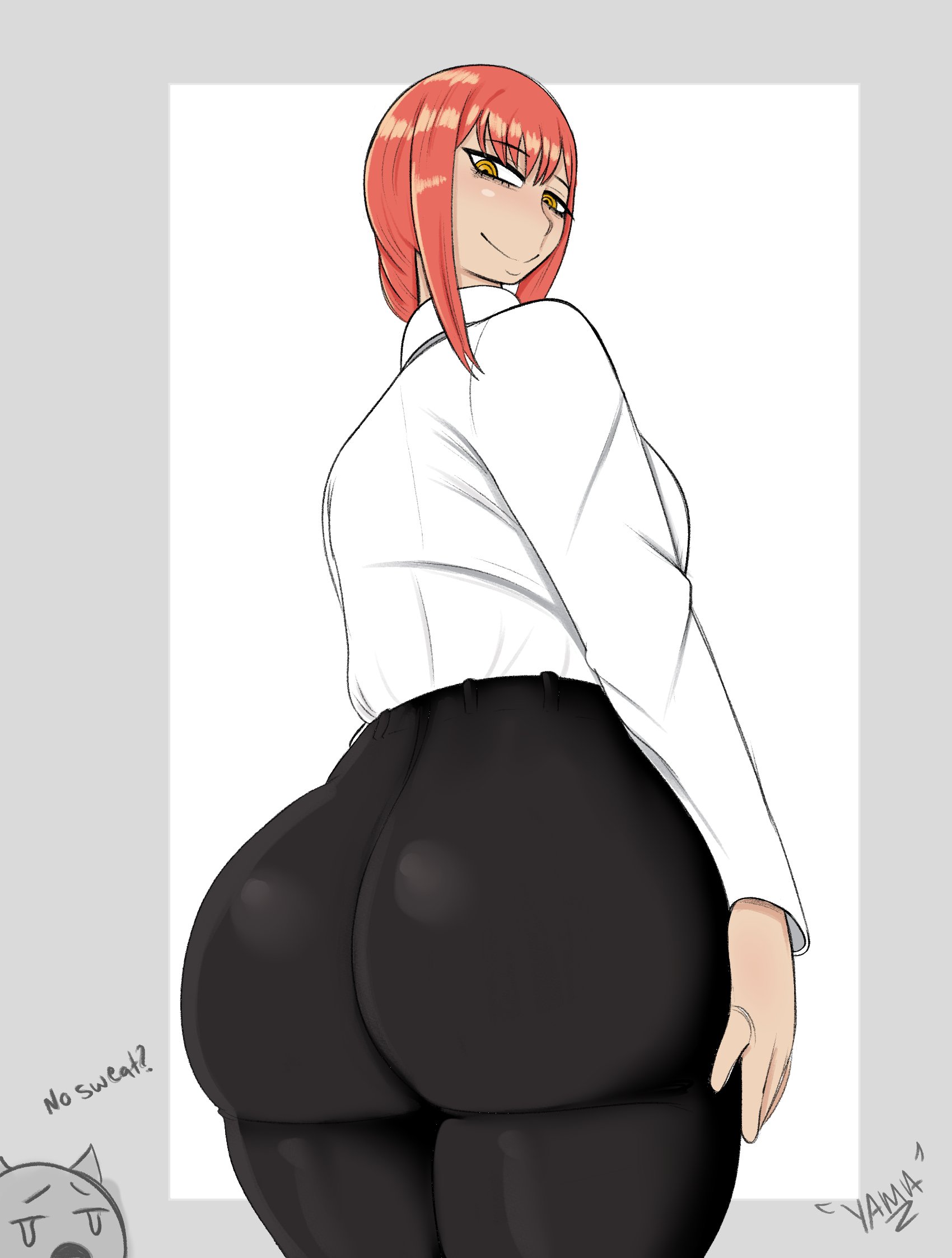 1girls, 1other, ambiguous gender, ass, ass focus, big ass, bubble ass, bubble butt, chainsaw man, clothing, dialogue, fat ass, female, female focus, huge ass, large ass, looking at viewer, looking back, makima (chainsaw man), red hair, repost, smile, solo female, text, thick thighs, wide hips, yamathegod, yellow eyes