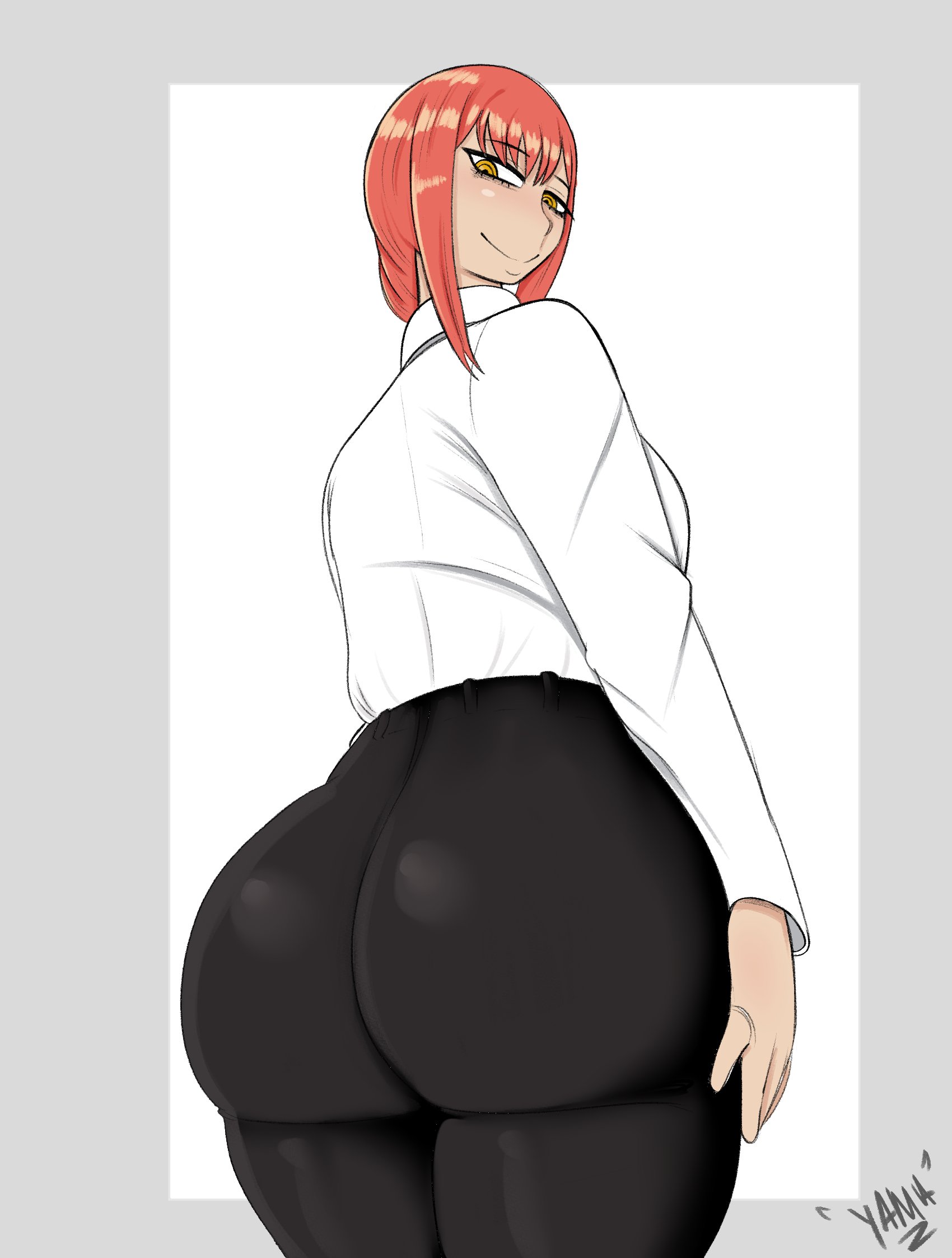 1girls, ass, ass focus, big ass, bubble ass, bubble butt, chainsaw man, clothing, fat ass, female, female only, huge ass, large ass, looking at viewer, looking back, makima (chainsaw man), red hair, smile, solo, solo female, thick thighs, wide hips, yamathegod, yellow eyes