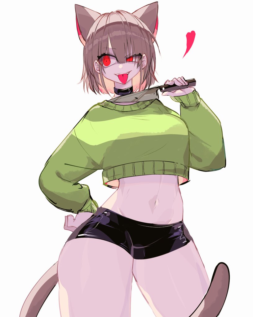 1girls aged_up breasts brown_hair cat_ears cat_tail chara clothed clothing female heart knife minishorts red_eyes short_hair shortstack solo tail tongue_out undertale undertale_(series) usa37107692 weapon