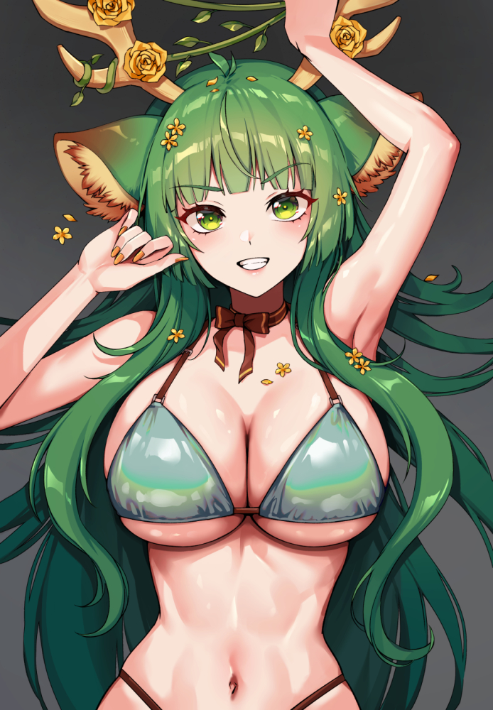 1girls, antlers, bikini, breasts, choker, deer ears, eyebrows visible through hair, female, foxy rain (foxyreine), foxyrain (foxyreine), foxyreine, green bikini, green eyes, green hair, green swimsuit, haruka karibu, highleg, highleg bikini, highleg swimsuit, large breasts, light skin, light-skinned female, long hair, looking at viewer, narrow waist, navel, painted fingernails, ribbon choker, swimsuit, virtual youtuber, vshojo