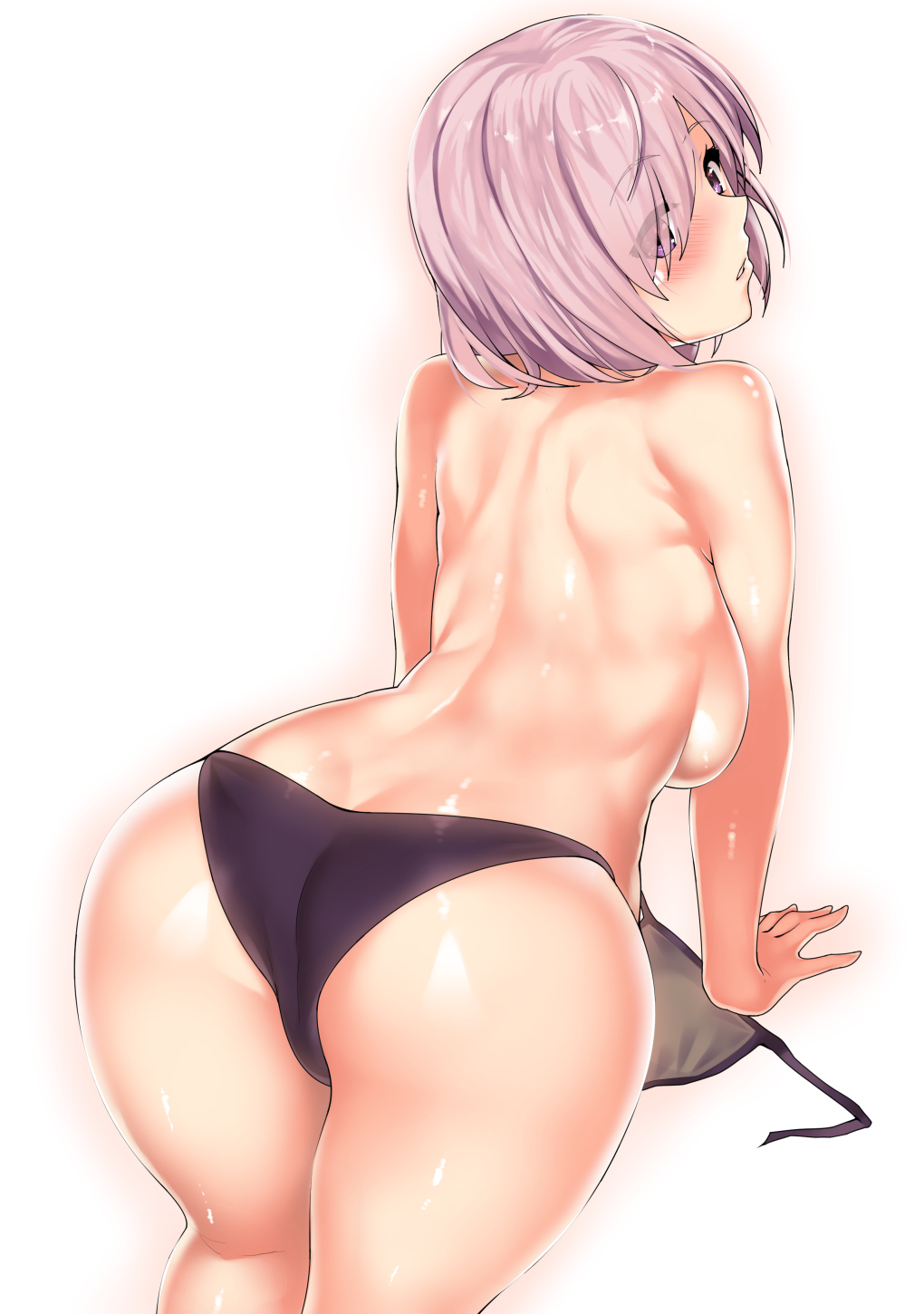 ass, back, bikini, blush, breasts, fate (series), fate/grand order, female, hair over one eye, highres, kawai (purplrpouni), large breasts, light purple hair, looking at viewer, looking back, mash kyrielight, purple bikini, purple eyes, simple background, solo, swimsuit, thighs, topless, white background