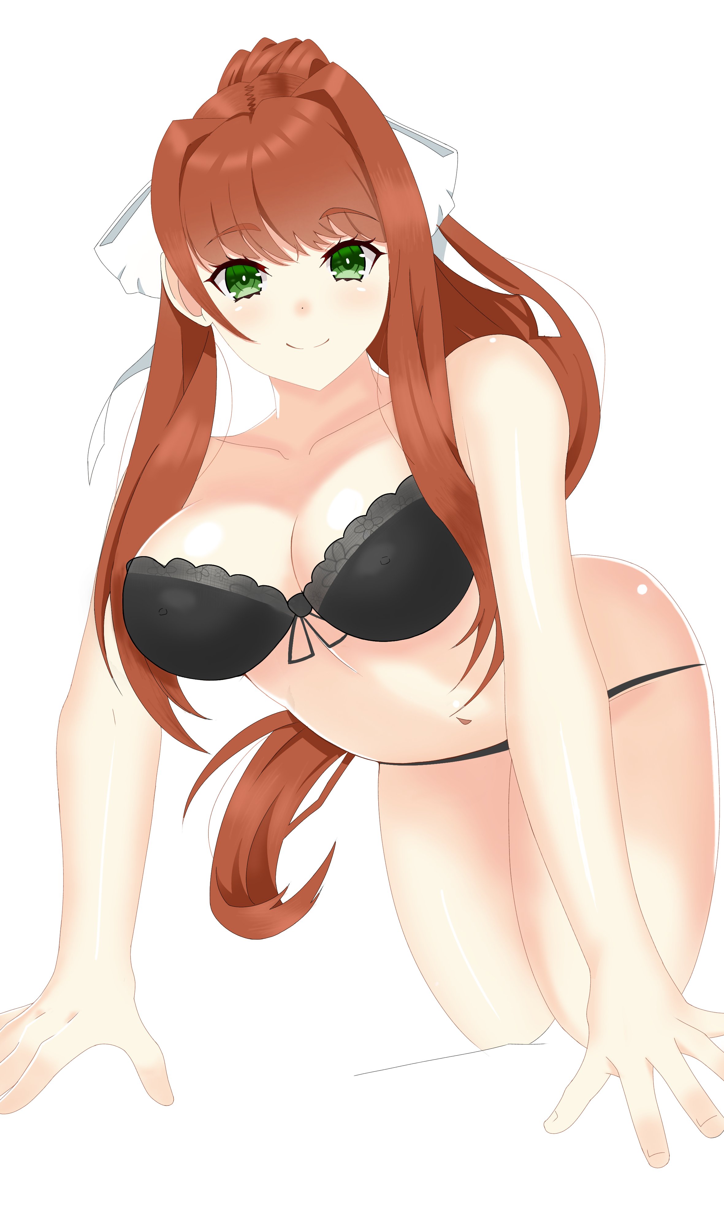 1girls, black bra, bra, brown hair, doki doki literature club, female, green eyes, looking at viewer, monika (doki doki literature club), solo, whalewdius (artist), white background