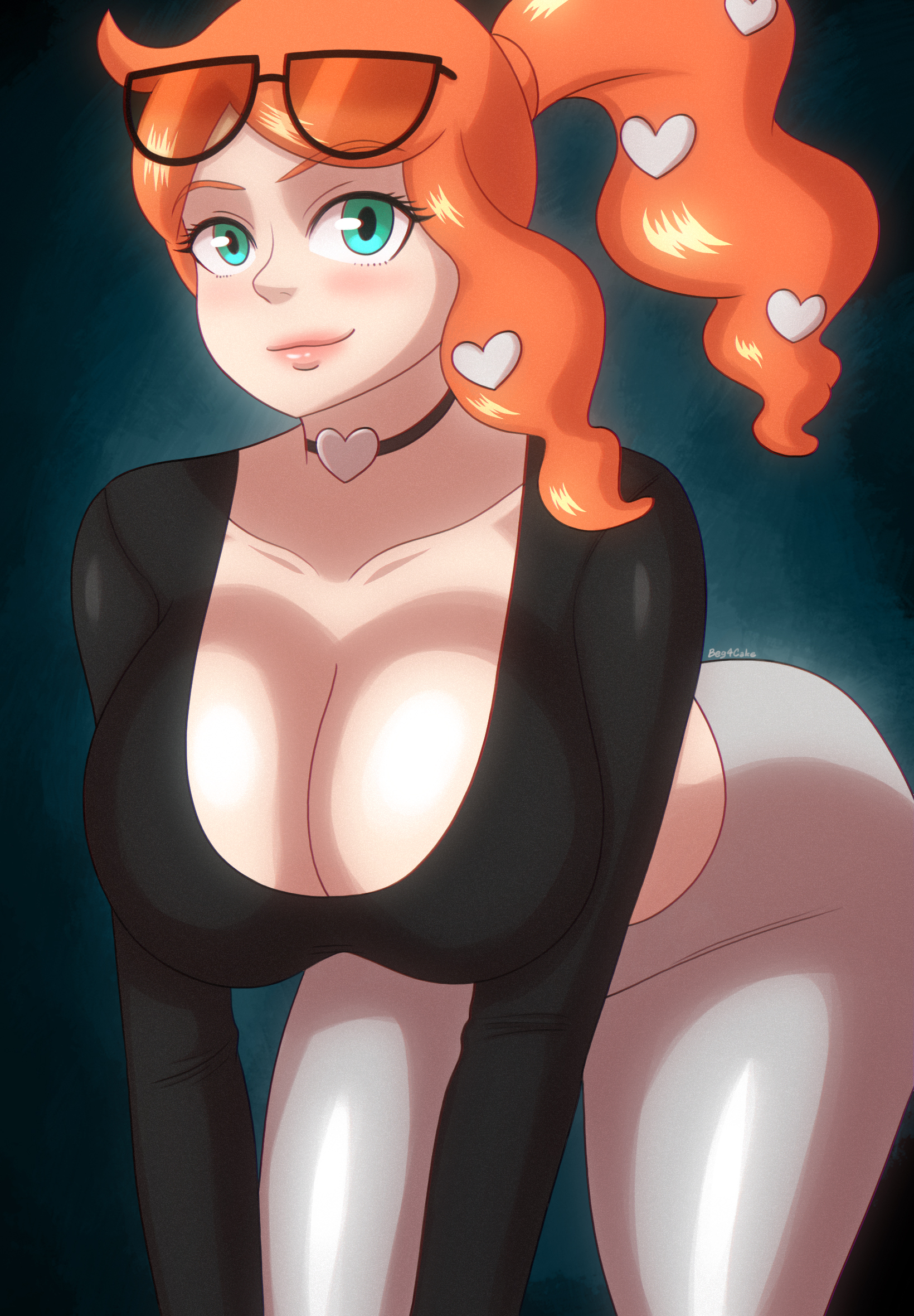 1girls, beg4cake, bent over, big breasts, black shirt, breasts, choker, cleavage, female, green eyes, grey pants, huge breasts, large breasts, lipstick, long sleeves, midriff, orange hair, pokemon, pokemon ss, shirt, sonia (pokemon), sunglasses, sunglasses on head, thick thighs, wide hips