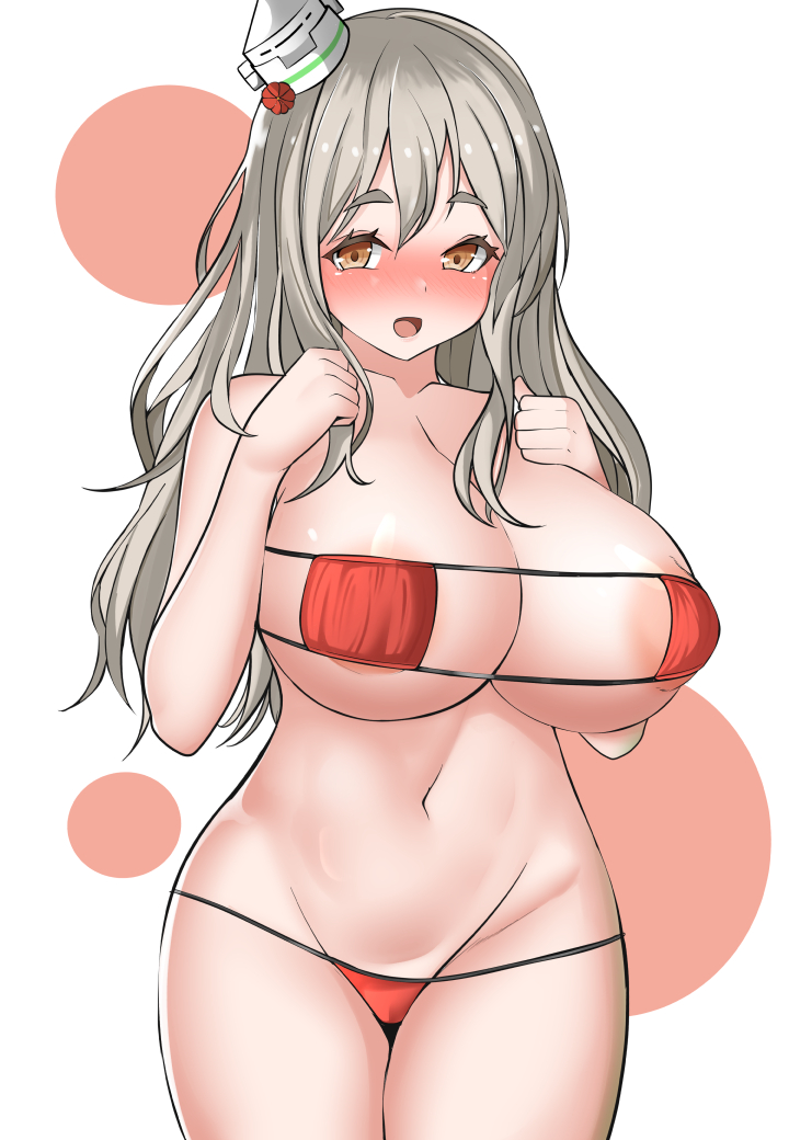 areola_slip big_breasts bikini blush cleavage cute ecchi eyepatch_bikini grey_hair hat huge_breasts kantai_collection large_areolae long_hair looking_at_viewer open_mouth pola_(kantai_collection) red_bikini smile swimsuit tf_cafe thick_eyebrows underboob wavy_hair wide_hips yellow_eyes