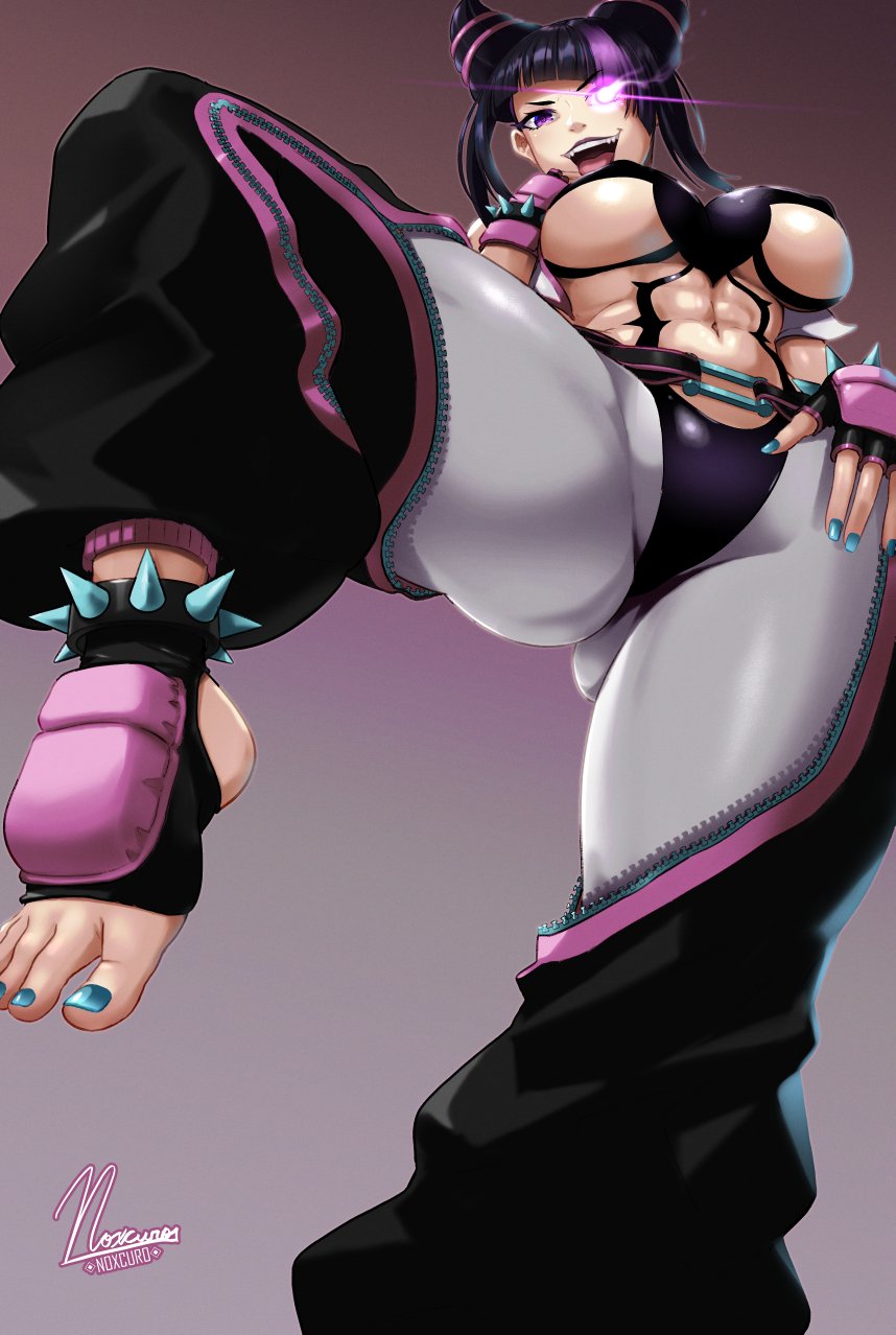 1girls anklet black_hair capcom feet female female_only glowing_eye hair_horns juri_han leg_up looking_at_viewer nox_(artist) noxcuro pink_eyes smiling_at_viewer smug solo solo_female spiked_anklet standing_on_one_leg street_fighter street_fighter_6 underboob viewed_from_below