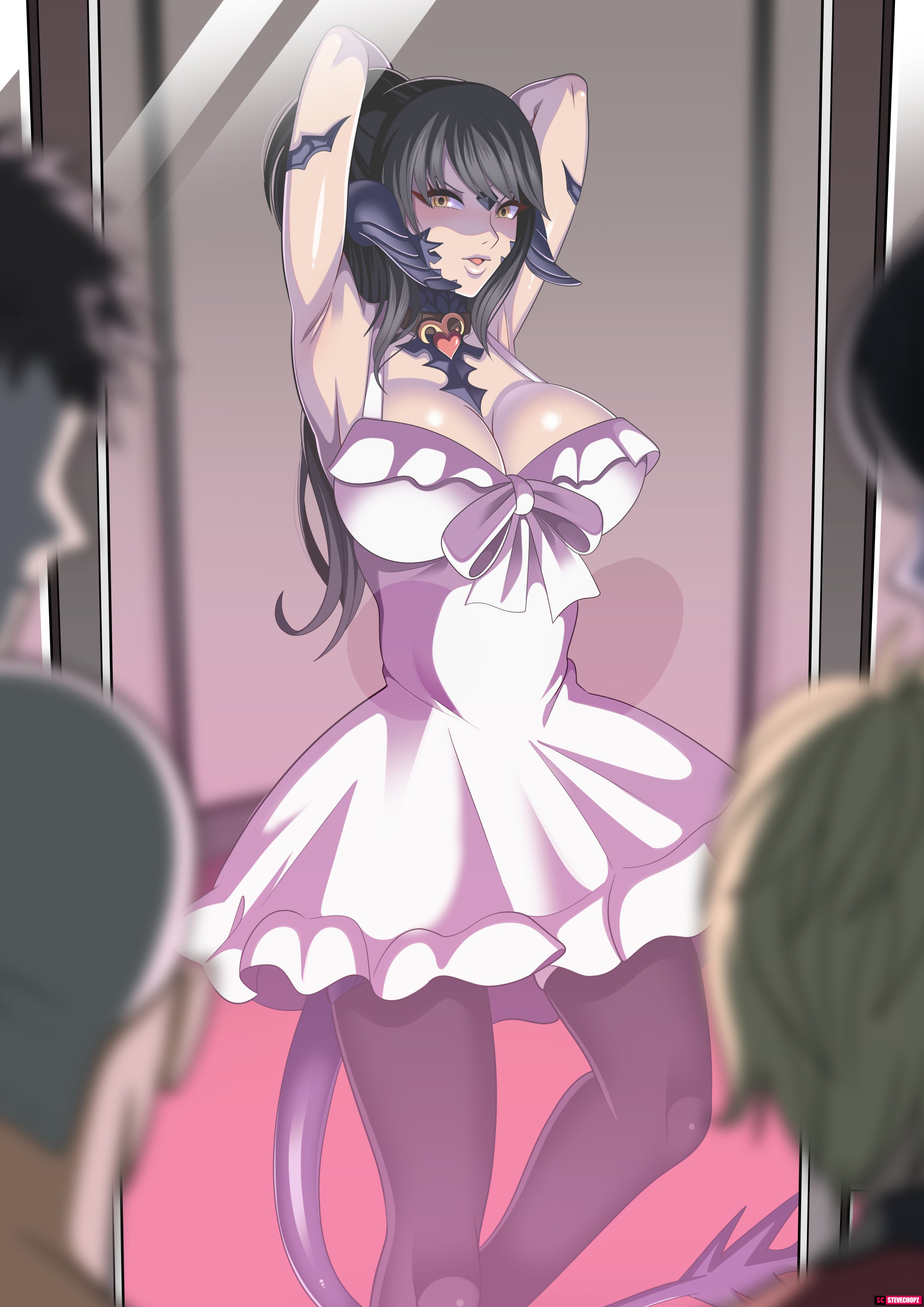 1girls, 2022, armpits, arms up, au ra, black hair, breasts, choker, commission, commission art, dress, faceless male, female, final fantasy, final fantasy xiv, horns, huge breasts, light skin, light-skinned female, long hair, male, multiple boys, multiple males, original character, pale skin, pale-skinned female, ponytail, sapphira nyx, scales, sexy armpits, slim waist, stevechopz, tail, thick thighs, thighs, white dress, xaela