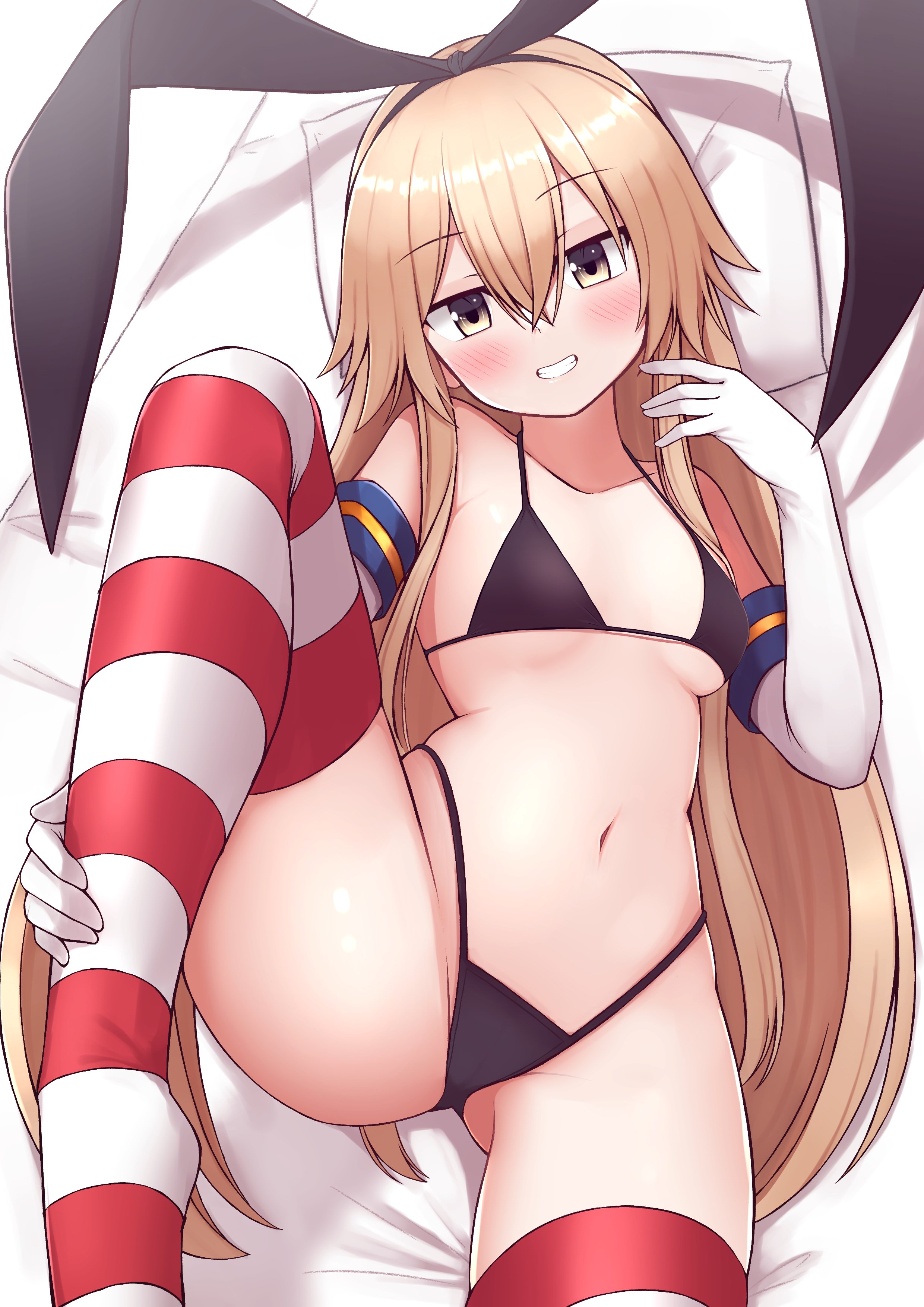 bikini, blonde hair, blush, breasts, bunny ears, female, gloves, kantai collection, shimakaze (kantai collection), small breasts, striped legwear, swimwear, thighhighs, thong, tiemu (man190), yellow eyes
