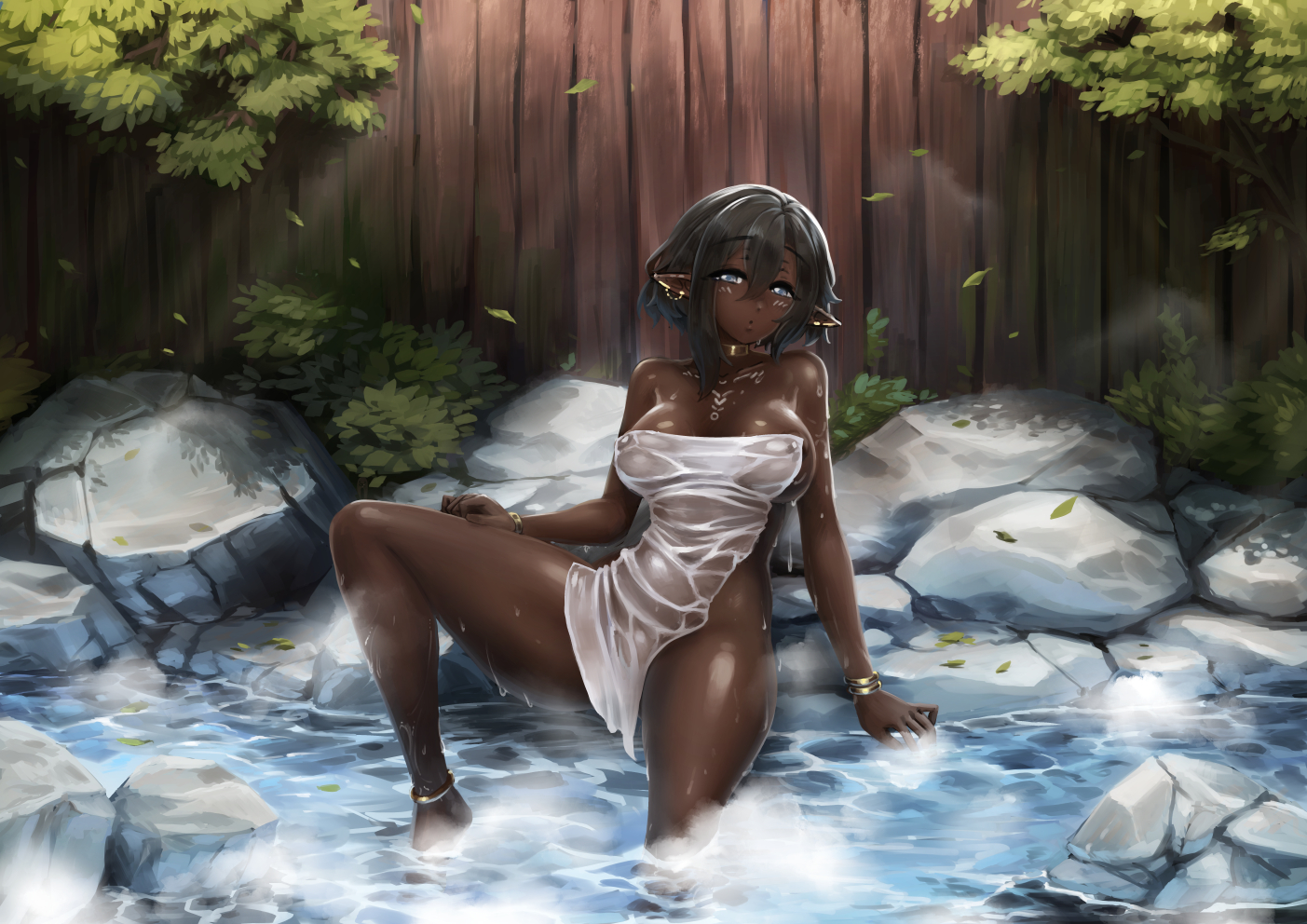 1girls, anklet, barbariank, black hair, blue eyes, bracelet, brown skin, dark elf, dark skin, dark-skinned female, elf, elf ears, elf female, female, female only, hi res, hot spring, light blush, looking at viewer, medium hair, narrowed eyes, nude, nude female, onsen, pointy ears, solo, solo female, thick thighs, towel, towel only, wet towel