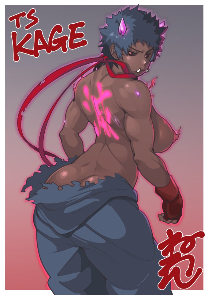 ass ass_cleavage black_sclera butt_crack dark-skinned_female demon_girl demon_horns large_breasts looking_back muscular_female neone overbite red_eyes rule_63 ryu_(street_fighter) short_hair street_fighter street_fighter_v tomboy very_short_hair