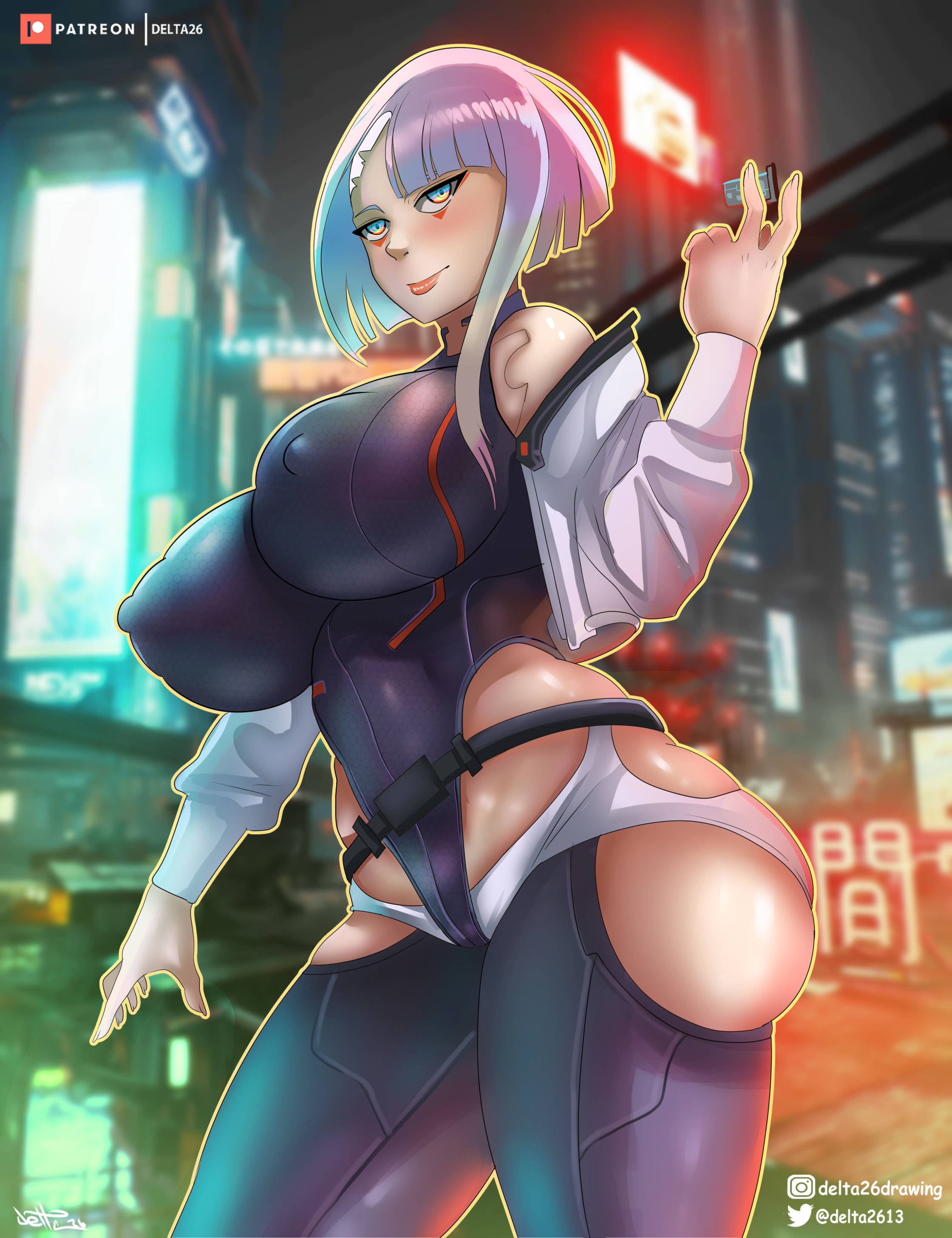 1girls, alternate breast size, big breasts, breasts, cd projekt red, cyberpunk 2077, cyberpunk: edgerunners, delta26, eye contact, female, female only, looking at viewer, lucyna kushinada, multicolored hair, netflix, short hair, solo, solo female, standing sex, studio trigger, thick thighs, thighs, thin eyebrows