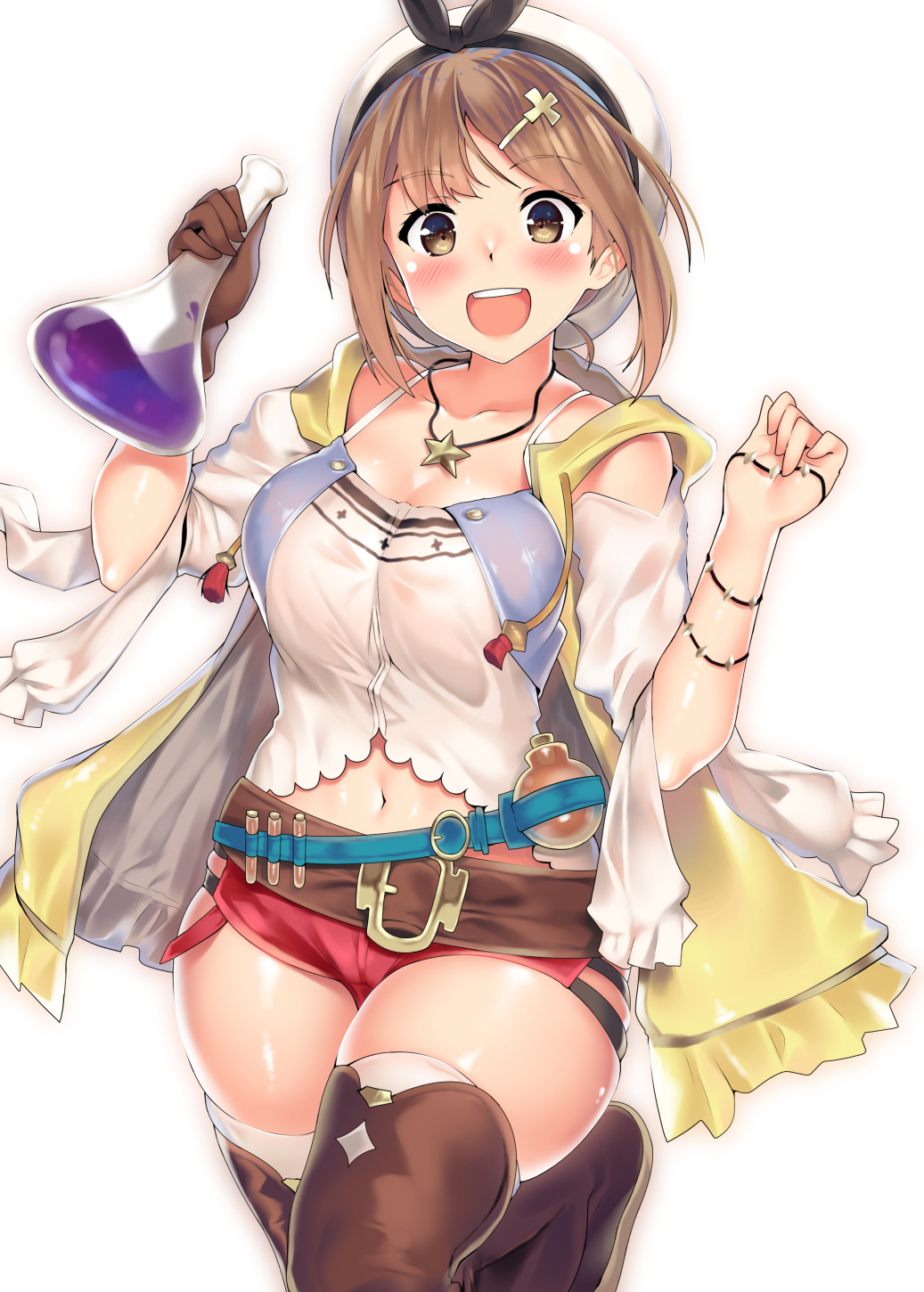 atelier_(series) atelier_ryza bangs bare_shoulders belt beret blue_belt blush breasts brown_belt brown_eyes brown_hair camisole cleavage drawstring female flask gloves hair_ornament hairclip hat highres jacket jewelry kawai_(purplrpouni) large_breasts leather leather_belt leather_gloves looking_at_viewer navel necklace open_mouth red_shorts reisalin_stout round-bottom_flask short_hair short_shorts shorts simple_background sleeveless sleeveless_jacket smile solo star_(symbol) star_necklace thighs white_background white_camisole white_headwear yellow_jacket