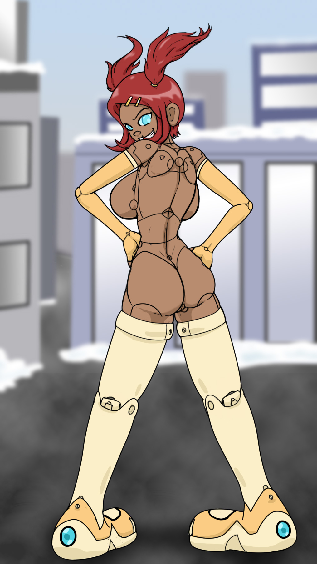 armwear casual dark_skin exhibitionism exposed_torso female female_only footwear human jim_sugomi legwear naked_thighhighs nude_in_public robot_girl robotic_limbs sari_sumdac sleeve_gloves transformers transformers_animated