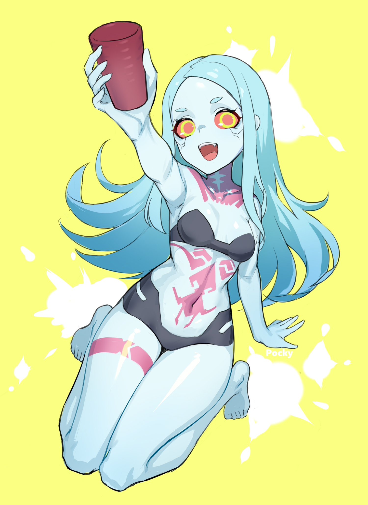 artificial eye, barefoot, big eyes, big head, black bra, black panties, blue hair, bra, breasts, colored sclera, cup, cyberpunk 2077, cyberpunk: edgerunners, fangs, female, holding, holding cup, leg tattoo, long hair, looking at viewer, mechanical eye, neck tattoo, no nostrils, no source, open mouth, panties, rebecca (edgerunners), red eyes, red sclera, shiny, shiny skin, short eyebrows, simple background, small breasts, small eyebrows, small nose, smile, solo, stomach tattoo, straight hair, tattoo, teeth, thin arms, underwear, underwear only, upper teeth, very long hair, very small nose, yellow background