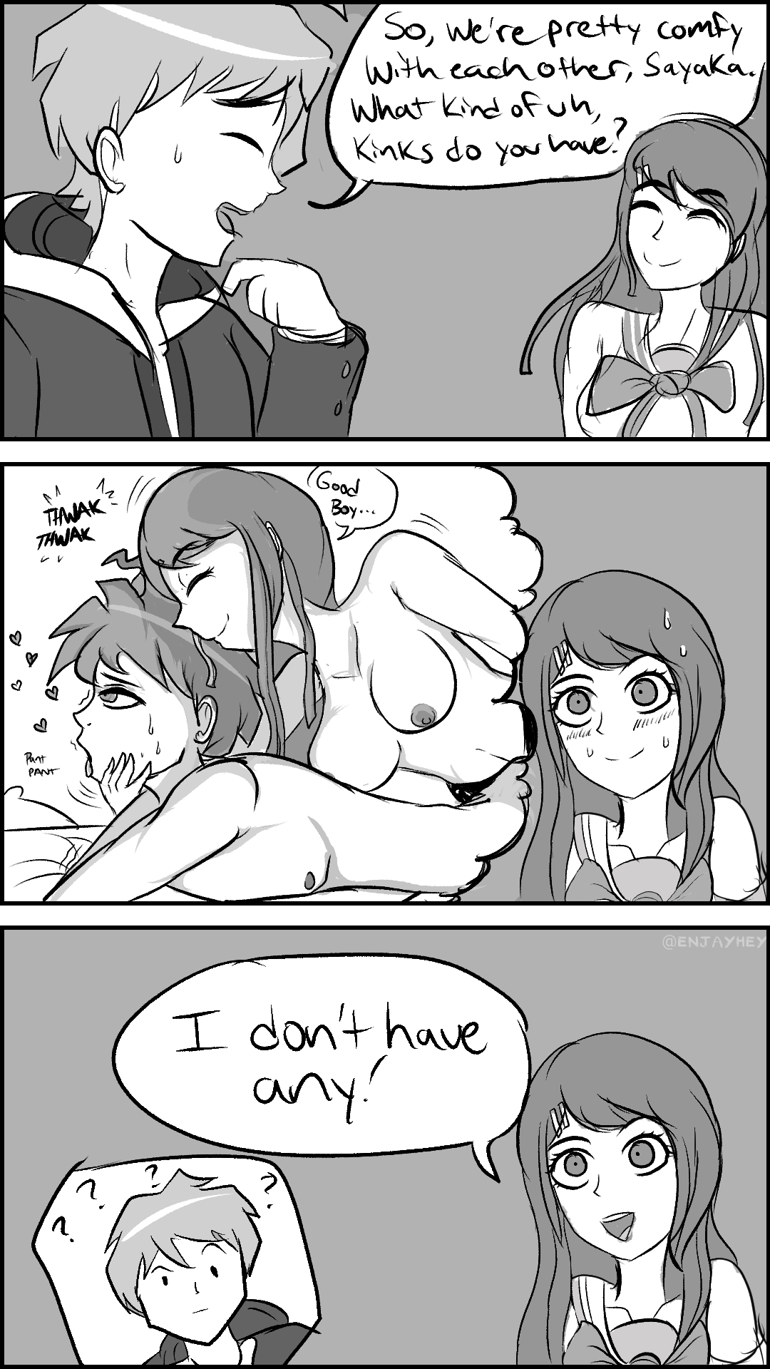 1boy, blush, breasts, completely nude, danganronpa, danganronpa 1, danganronpa: trigger happy havoc, doggy style, enjayhey, fantasizing, female, female penetrating male, femdom, funny, humor, imagining, maizono sayaka, male, naegi makoto, nervous, nervous smile, nervous sweat, nude, nude female, nude male, pegging, straight hair, strap-on, strapon