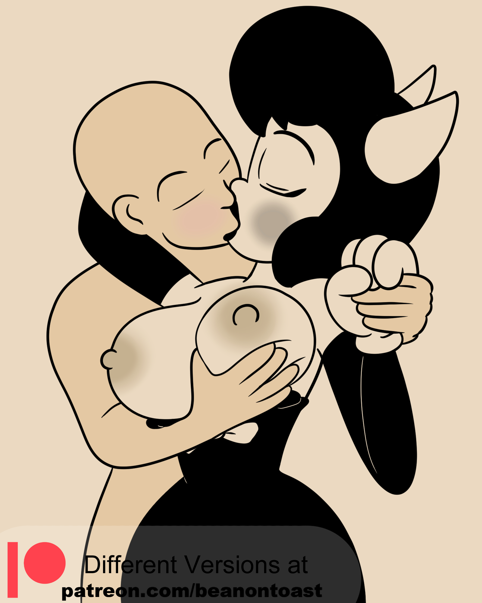 1boy, alice angel, angel, beanontoast, bendy and the ink machine, blush, bowtie, breast grab, breast hold, breast squeeze, breasts, breasts out, closed eyes, clothed, dress, dress down, exposed breasts, female, gloves, holding hands, horns, kissing, male, nipples, tagme, thick thighs, unknown male