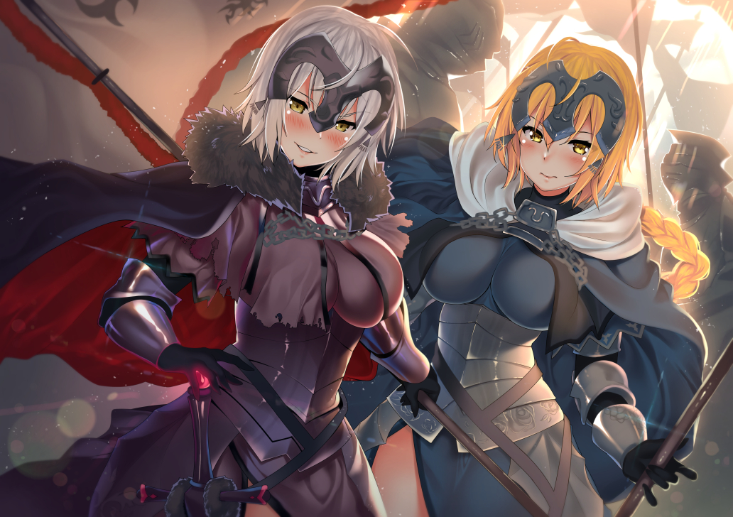 2girls armor armored_dress bangs black_dress blonde_hair blue_dress blue_eyes blush braid breasts cape chains closed_mouth dress fate/apocrypha fate/grand_order fate_(series) faulds flag fur_trim gauntlets hair_between_eyes headpiece jeanne_alter jeanne_d'arc_(fate) jeanne_d'arc_(ruler)_(fate) jeanne_d'arc_alter_(avenger)_(fate) jeanne_d'arc_alter_(fate) kawai_(purplrpouni) large_breasts long_braid long_hair looking_at_viewer multiple_girls open_mouth plackart short_hair silver_hair single_braid smile very_long_hair yellow_eyes