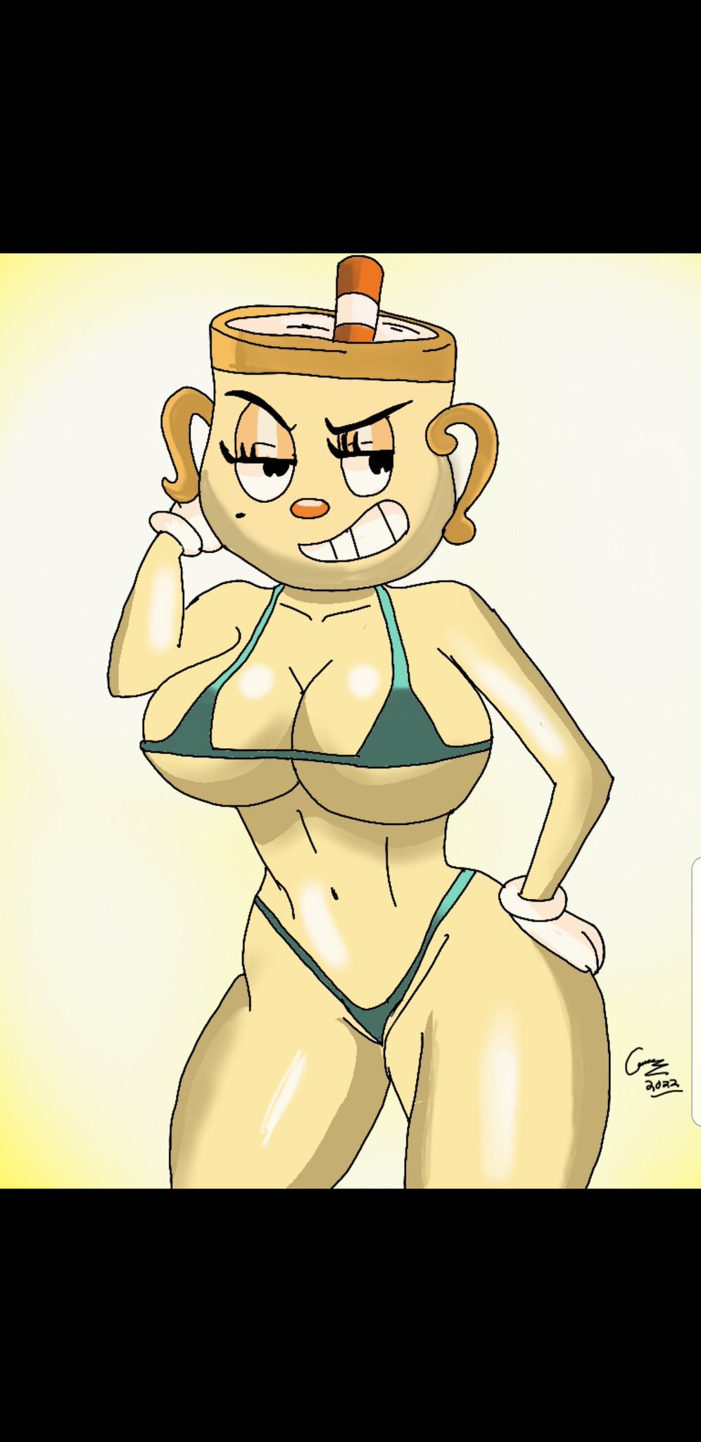 anthro big_breasts bikini connershead cuphead:_the_delicious_last_course cuphead_(game) curvy_female curvy_figure female grin grinning ms._chalice posing