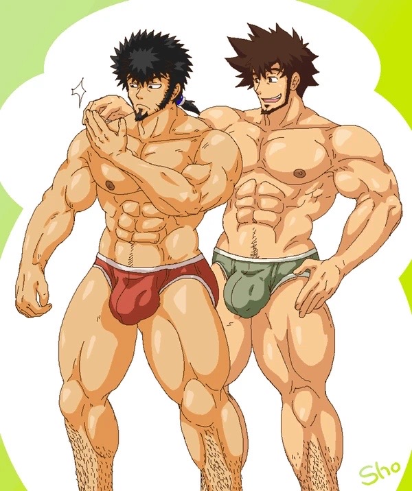 2boys bara bara_tits beard body_hair bulge darker_than_black dimension_w gay hairy_legs hand_on_hip mabuchi_kyouma muscles muscular muscular_male ponytail shizume_genma sho short_hair spiky_hair underwear yaoi