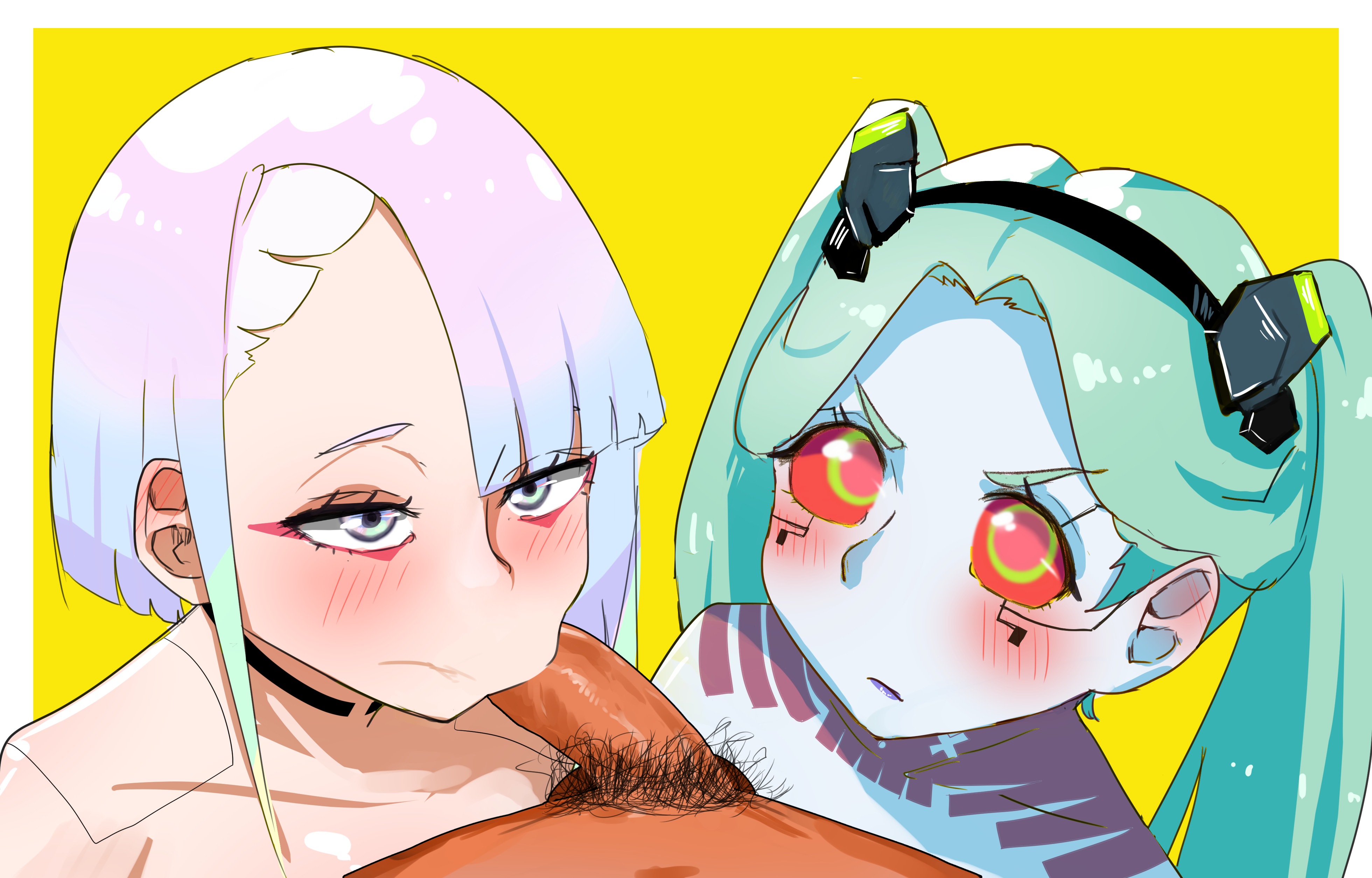 1boy, 2girls, blowjob, blush, cd projekt red, collaborative fellatio, cyberpunk 2077, cyberpunk: edgerunners, faceless male, fellatio, female, ffm threesome, green eyes, kino3035, light blue hair, lucyna kushinada, male, multicolored hair, multiple females, multiple girls, netflix, oral, penis, rebecca (edgerunners), red sclera, studio trigger, teamwork, threesome, twintails, unusual anatomy, unusual eyes, unusual pupils