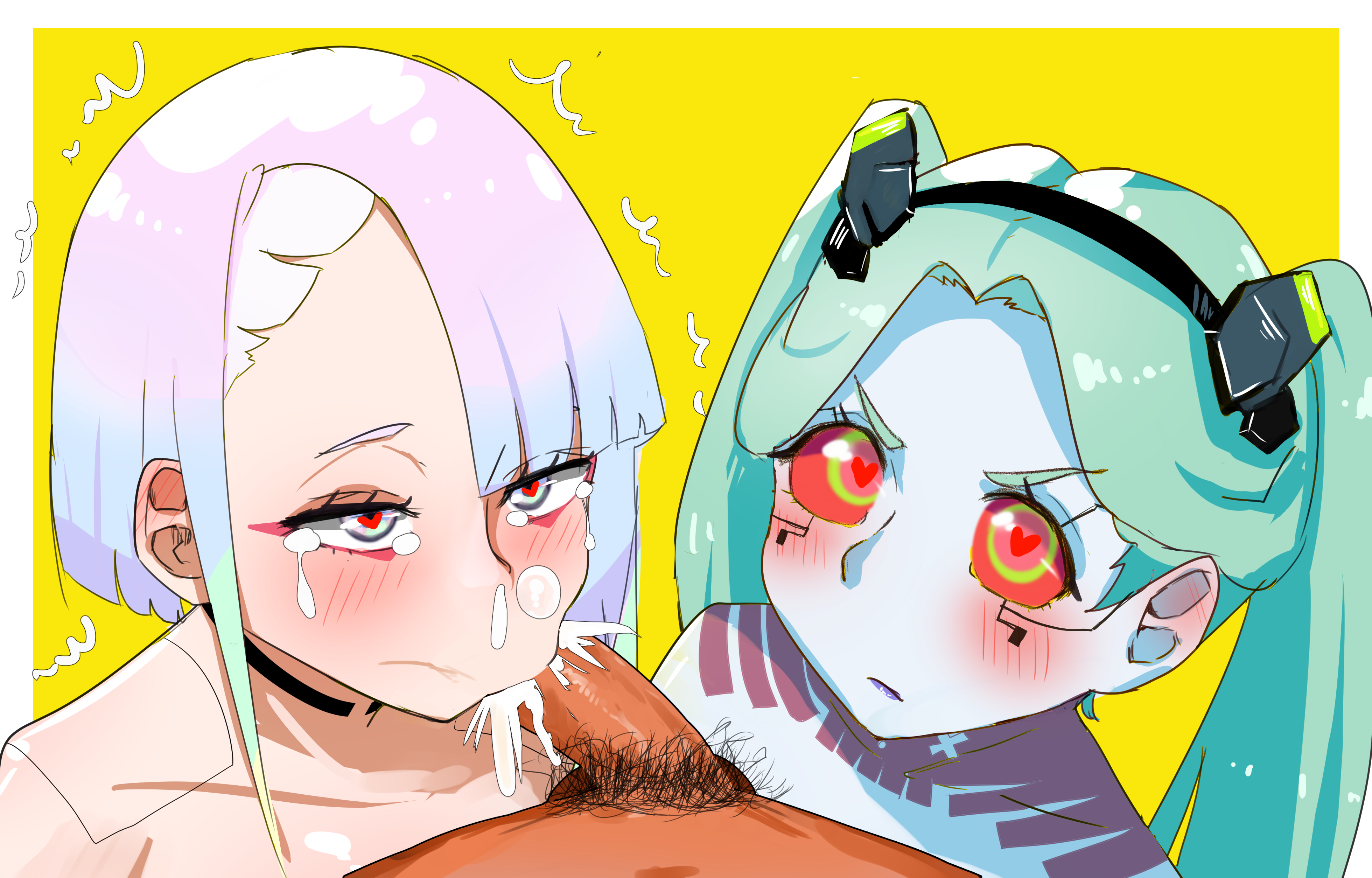 1boy, 2girls, blowjob, blush, cd projekt red, collaborative fellatio, cum, cum bubble, cum in mouth, cum out nose, cyberpunk 2077, cyberpunk: edgerunners, ejaculation, faceless male, fellatio, female, ffm threesome, green eyes, heart-shaped pupils, kino3035, light blue hair, lucyna kushinada, male, multicolored hair, multiple females, multiple girls, netflix, oral, penis, rebecca (edgerunners), red sclera, studio trigger, teamwork, threesome, twintails, unusual anatomy, unusual eyes, unusual pupils