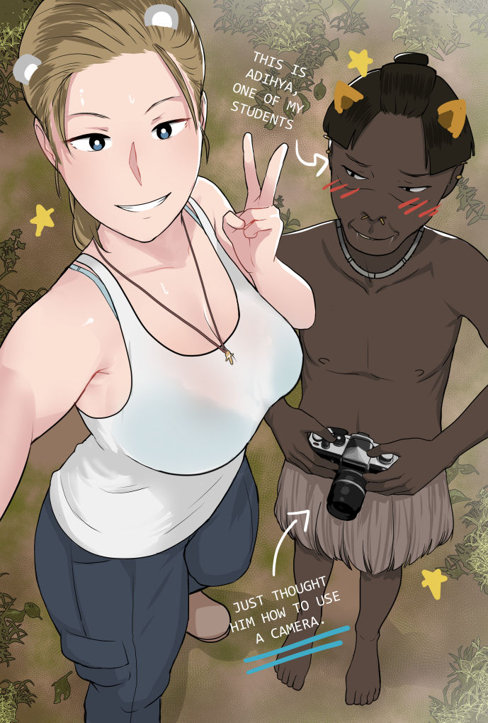 1boy, bra, bra visible through clothes, clothed, dark skin, dark-skinned male, english text, male, ntrman, selfie, tribal, tribal male, wife