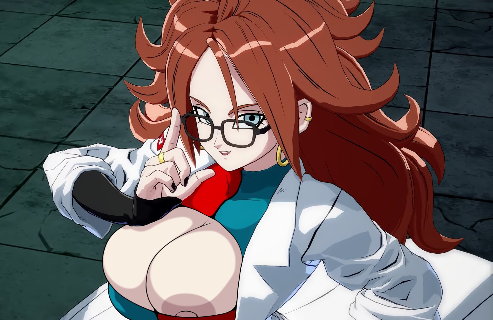 accurate art style, android 21, android 21 (good), android 21 (human), breast expansion, breast growth, breast growth (enlargement), breast squeeze, breasts, breasts out, dragon ball, dragon ball fighterz, edit, female, glasses, roymanx, screencap, screenshot, screenshot edit