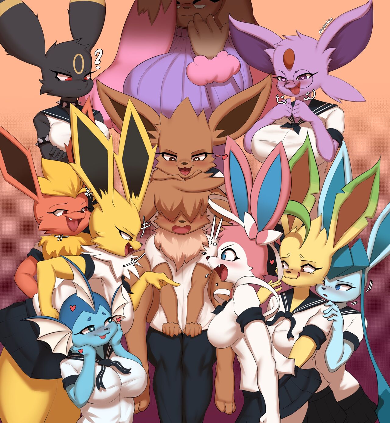 ! !! 10girls 1boy 6+girls ? all_nine_eeveelutions anthro blush breasts bunny bunny_ears bunny_girl bunny_tail burgerkiss eevee eeveelution espeon fangs female flareon game_freak glaceon glasses heart heart-shaped_pupils hentai_protaginist_hair jolteon leafeon lopunny male mouth nintendo open_mouth pokemon pokemon_(species) pokemon_dppt pokemon_gsc pokemon_on_pokemon pokemon_rgby pokemon_xy sylveon thunders tongue tongue_out umbreon vaporeon