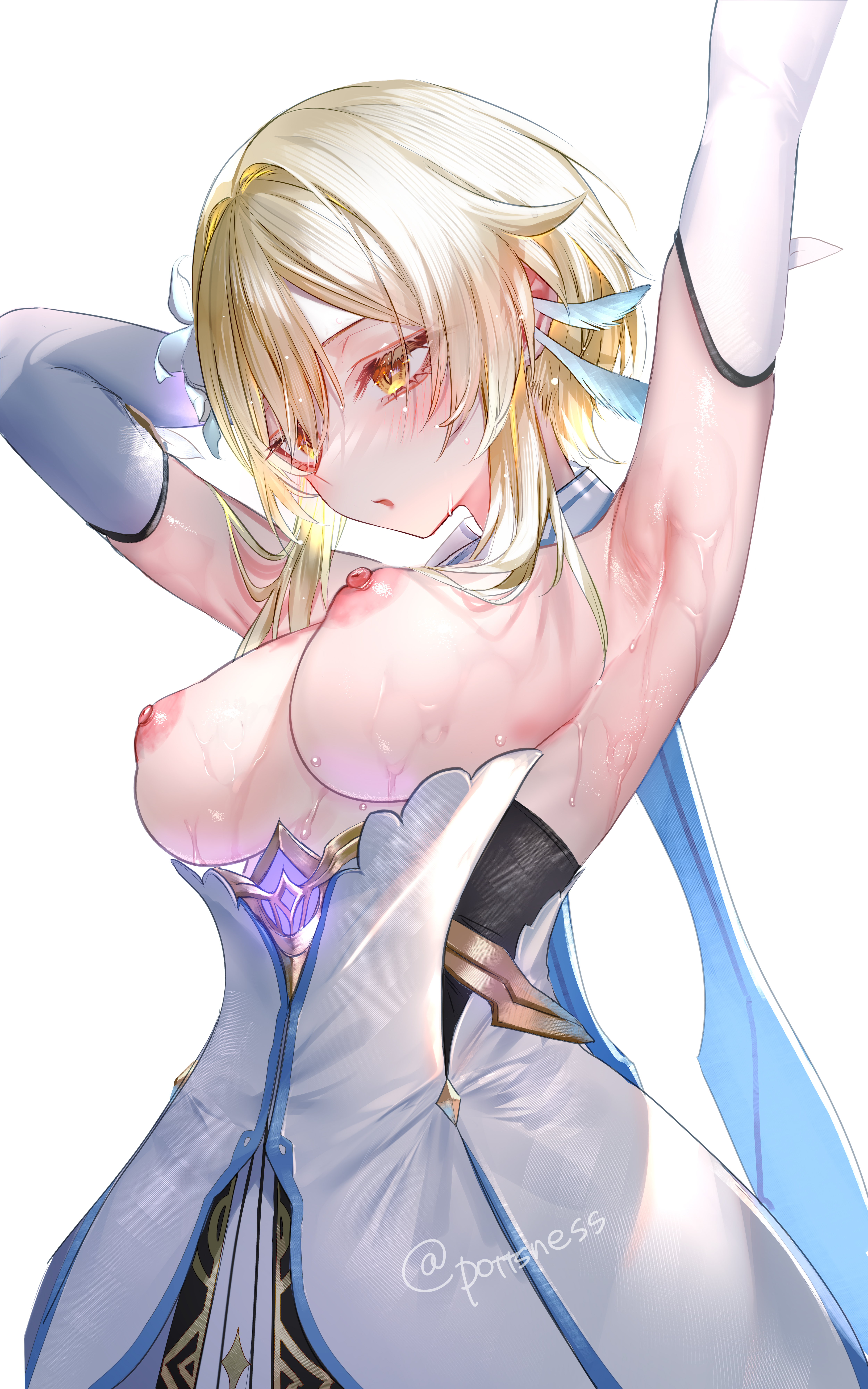 1girls, absolute territory, armpits, big breasts, blonde hair, breasts, female, genshin impact, high quality, high resolution, highres, lumine (genshin impact), nipples, pottsness, sexy armpits, simple background, sweat, sweaty, white background