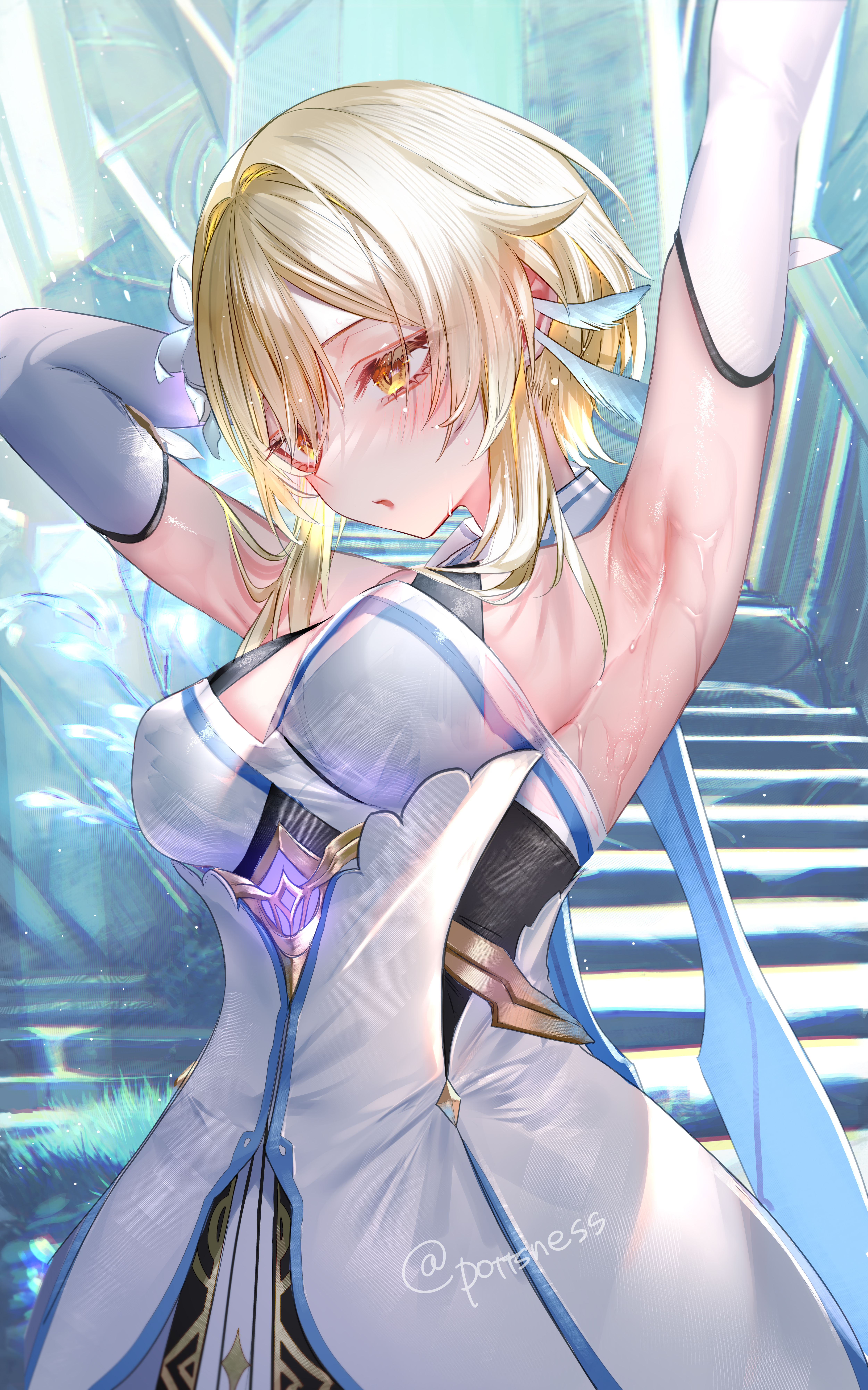 1girls, absolute territory, armpits, blonde hair, breasts, female, genshin impact, high quality, high resolution, highres, lumine (genshin impact), pottsness, sweat, sweaty