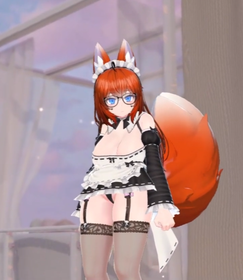 accidental_exposure big_breasts blue_eyes fox_ears fox_girl fox_tail glasses glubbable looking_at_viewer maid_headdress maid_outfit maid_uniform orange_hair tagme thighhighs virtual_youtuber vrchat vrchat_avatar vtuber