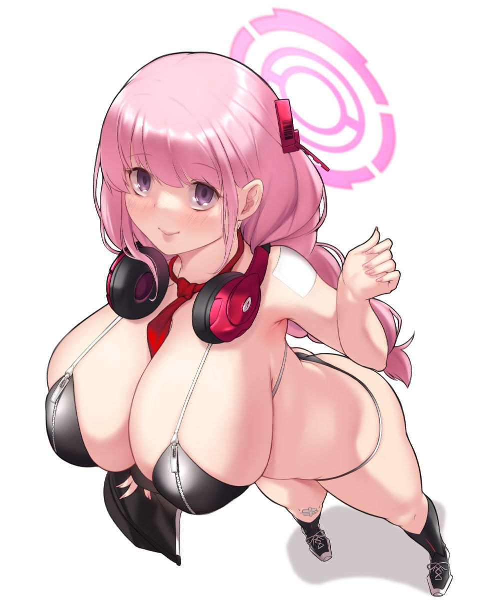 1girls, 2022, alternate breast size, aster crowley, big breasts, bikini, bikini top, blue archive, breasts, bulging breasts, cleavage, eimi (blue archive), female, full body, headphones, high resolution, large breasts, long hair, looking at viewer, milf, pink hair, ponytail, solo, standing, tagme, thong