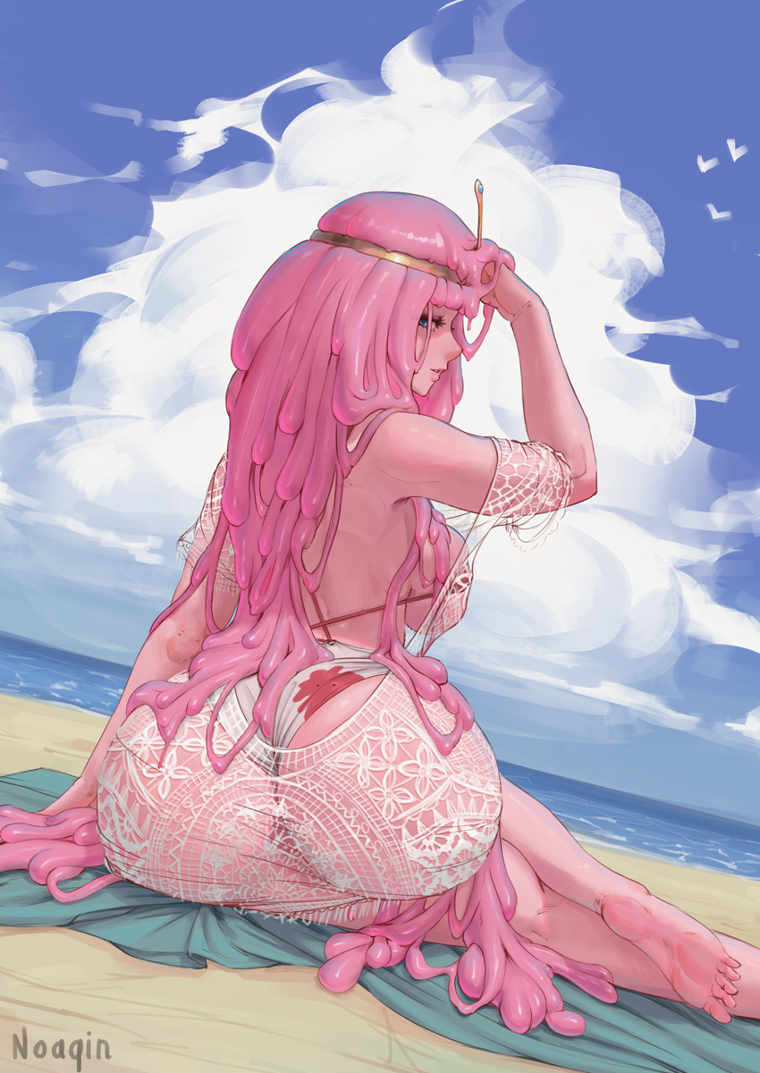 1girls adventure_time ass barefoot beach blood_stain blue_eyes blue_sky brach breasts candy_girl candy_humanoid candy_people_(at) curvaceous curvy cutesexyrobutts_(style) day fang_marks feet female female_only from_behind large_ass large_breasts looking_at_viewer looking_back monster_girl noaqin ocean outdoors pink_hair pink_skin princess_bubblegum realistic sideboob sitting soles solo vampire_bite