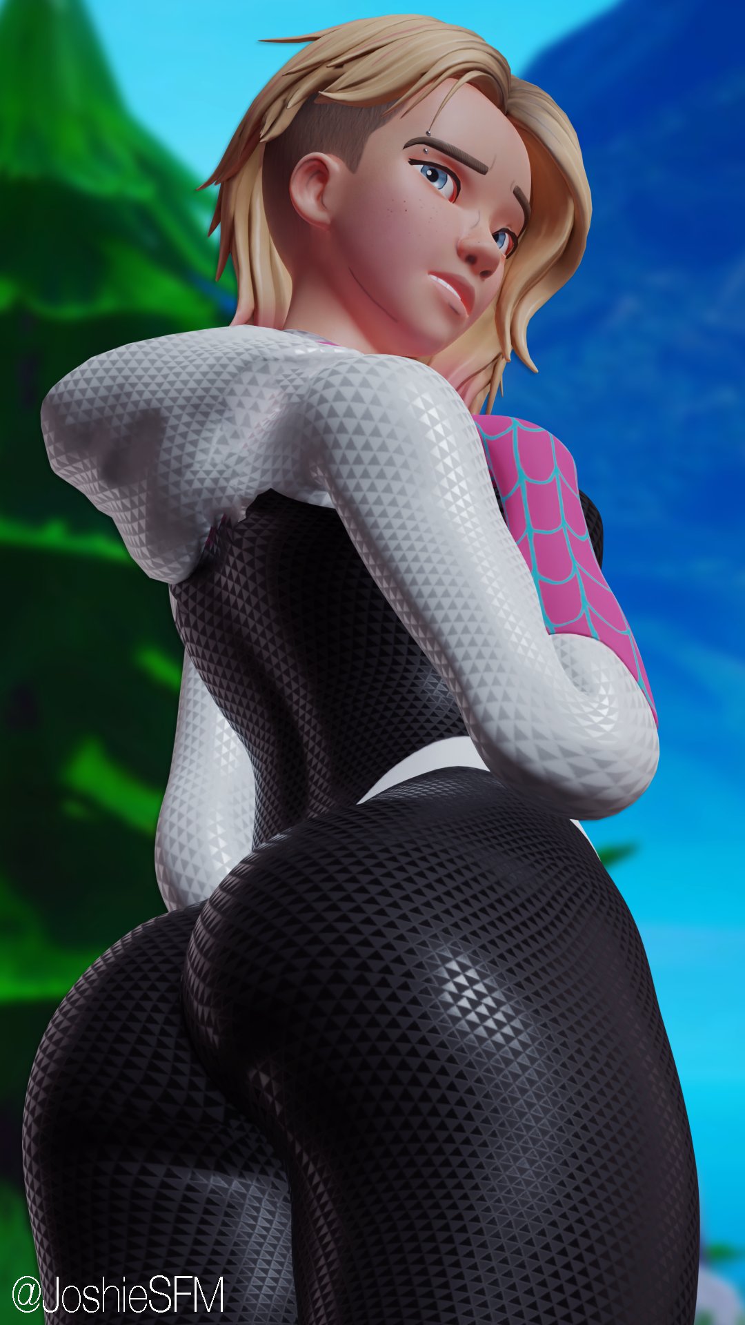 1girls, 3d, ass, ass focus, blonde, blonde hair, bodysuit, bubble ass, bubble butt, confusion, cute face, eyebrow piercing, female, female only, fortnite, ghost-spider, gwen stacy, gwen stacy (spider-verse), joshiensfw, marvel, marvel comics, shaved side, solo, spider-gwen, spider-gwen (fortnite), spider-man (series), spider-man: across the spider-verse, spider-man: into the spider-verse, tagme