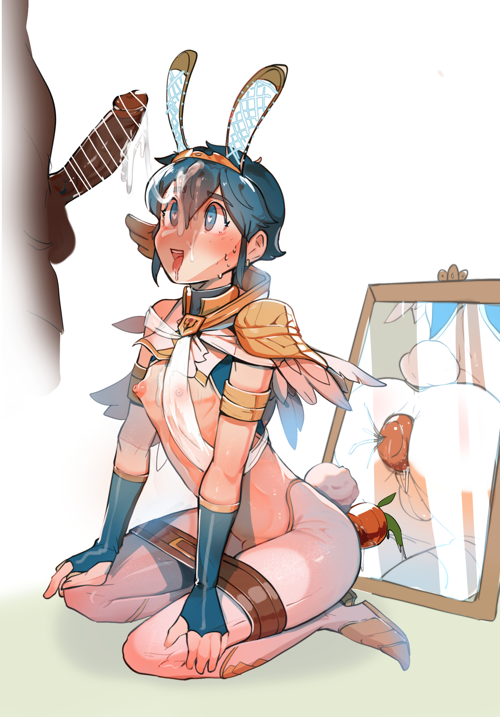 2021, 2boys, alternate costume, alternate version available, anal, anal plug, ass, balls, big ass, big penis, blue eyes, blue hair, blush, bondage, bound legs, breasts, bunny boy, bunny ears, bunny tail, bunnysuit, buttplug, byebyefrog, censor bar, censored, censored penis, cum drip, cum dripping, dark skin, dark-skinned male, dildo, erect penis, erection, femboy, fire emblem, fire emblem: mystery of the emblem, fire emblem: shadow dragon and the blade of light, gay, gay male, high heels, horny, in heat, kneeling, looking at penis, male, male only, maledom, malesub, marth (fire emblem), mirror, multiple boys, multiple males, nintendo, nipples, open mouth, penis, penis awe, perky breasts, playboy bunny, reflection, reverse bunnysuit, seiza, sex toy, short hair, simple background, small breasts, source request, sweatdrop, testicles, twink, white background, yaoi