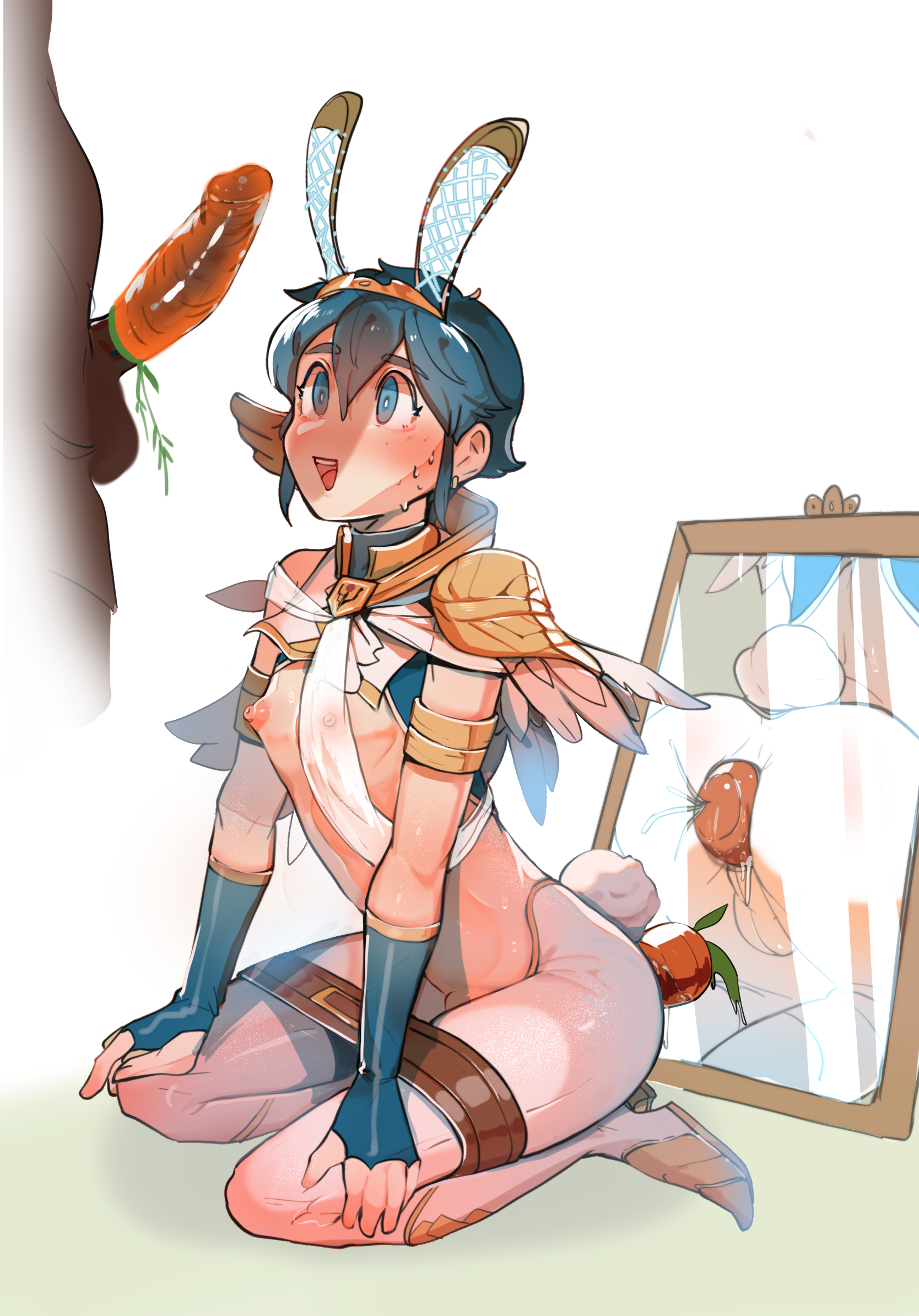 2021, 2boys, alternate costume, alternate version available, anal, anal plug, ass, balls, big ass, big penis, blue eyes, blue hair, blush, bondage, bound legs, breasts, bunny boy, bunny ears, bunny tail, bunnysuit, buttplug, byebyefrog, condom, condom on penis, dark skin, dark-skinned male, dildo, erect penis, erection, femboy, fire emblem, fire emblem: mystery of the emblem, fire emblem: shadow dragon and the blade of light, gay, gay male, high heels, horny, in heat, kneeling, looking at penis, male, male only, maledom, malesub, marth (fire emblem), mirror, multiple boys, multiple males, nintendo, nipples, open mouth, penis, penis awe, perky breasts, playboy bunny, reflection, reverse bunnysuit, seiza, sex toy, short hair, simple background, small breasts, source request, sweatdrop, testicles, twink, uncensored, white background, yaoi