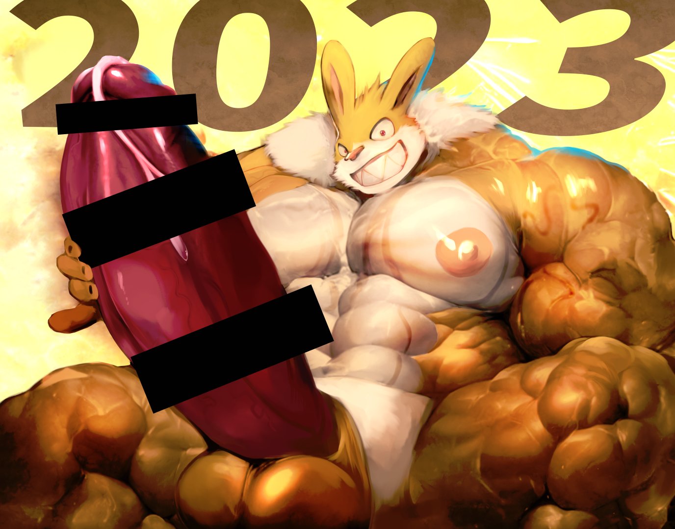 abs anthro balls biceps big_balls big_muscles big_penis bodily_fluids censor_bar cum erection genital_fluids genitals hatake huge_balls huge_cock huge_muscles hyper hyper_genitalia hyper_penis lagomorph leporid male mammal muscular muscular_anthro muscular_male nipples nude pecs penis rabbit solo toothy_grin