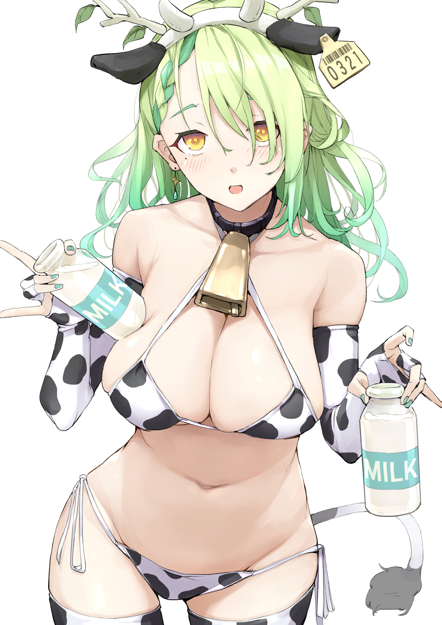 1girls, animal ears, animal print, armpit crease, bangs, bare shoulders, beauty mark, bell, bikini, bikini bottom, bottle, bra, breasts, bridal gauntlets, ceres fauna, choker, cleavage, collar, collarbone, cow bikini, cow ears, cow horns, cow print, cow tag, cow tail, cowbell, criss-cross halter, detached sleeves, earrings, english text, fake animal ears, fake horns, female, female only, green hair, green nails, hair over one eye, halterneck, highres, hololive, hololive english, hololive english -council-, hololive english -promise-, horns, huge breasts, jewelry, long hair, looking at viewer, milk, milk bottle, mitsuru (pixiv 34028718), mixed-language commentary, mole, mole under eye, nail polish, open mouth, painted fingernails, painted nails, revealing clothes, skimpy clothes, skindentation, solo, swept bangs, underwear, upper body, virtual youtuber, white background, yellow eyes