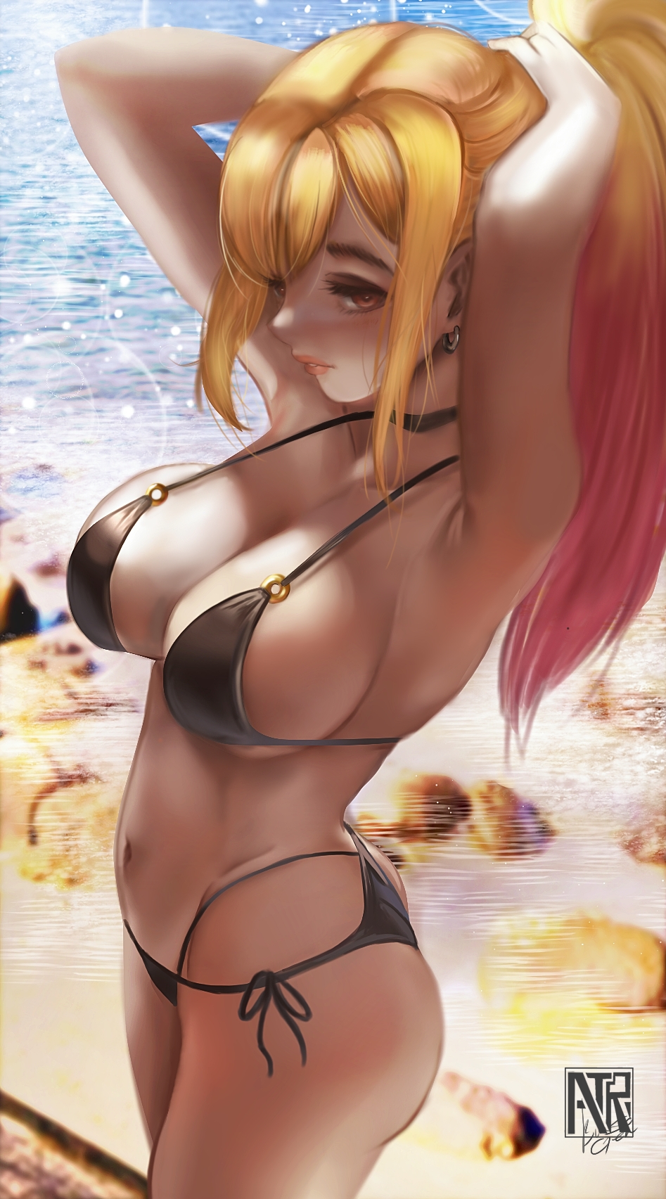 1girls, adjusting hair, armpits, arms behind head, artist request, ass, beach, big breasts, bikini, black bikini, blonde hair, blush, breasts, busty, choker, cleavage, female, female only, gyaru, high ponytail, kitagawa marin, large breasts, legs, lipstick, makeup, navel, ponytail, sexy armpits, solo, sono bisque doll wa koi wo suru, swimsuit, thighs, water
