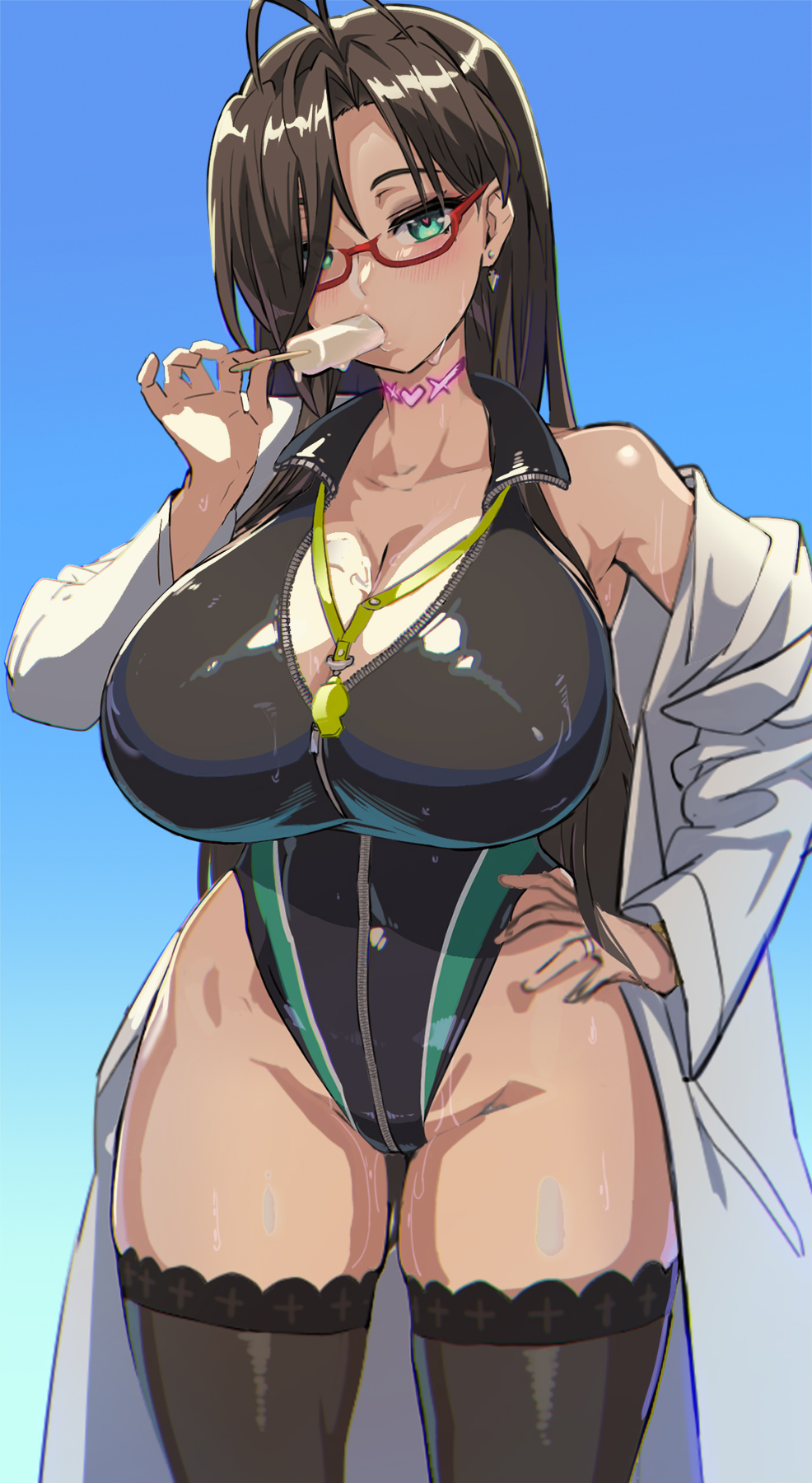 1girls 2022 ahoge breasts brown_hair cleavage competition_swimsuit eating female female_only food glasses green_eyes hand_on_hip hasegawa_chisato highleg_swimsuit hips huge_breasts ice_cream labcoat long_hair looking_at_viewer object_in_mouth one-piece_swimsuit ookuma_(nitroplus) outdoors shinmai_maou_no_testament slim_waist stockings swimsuit thick_thighs thighs whistle whistle_around_neck wide_hips