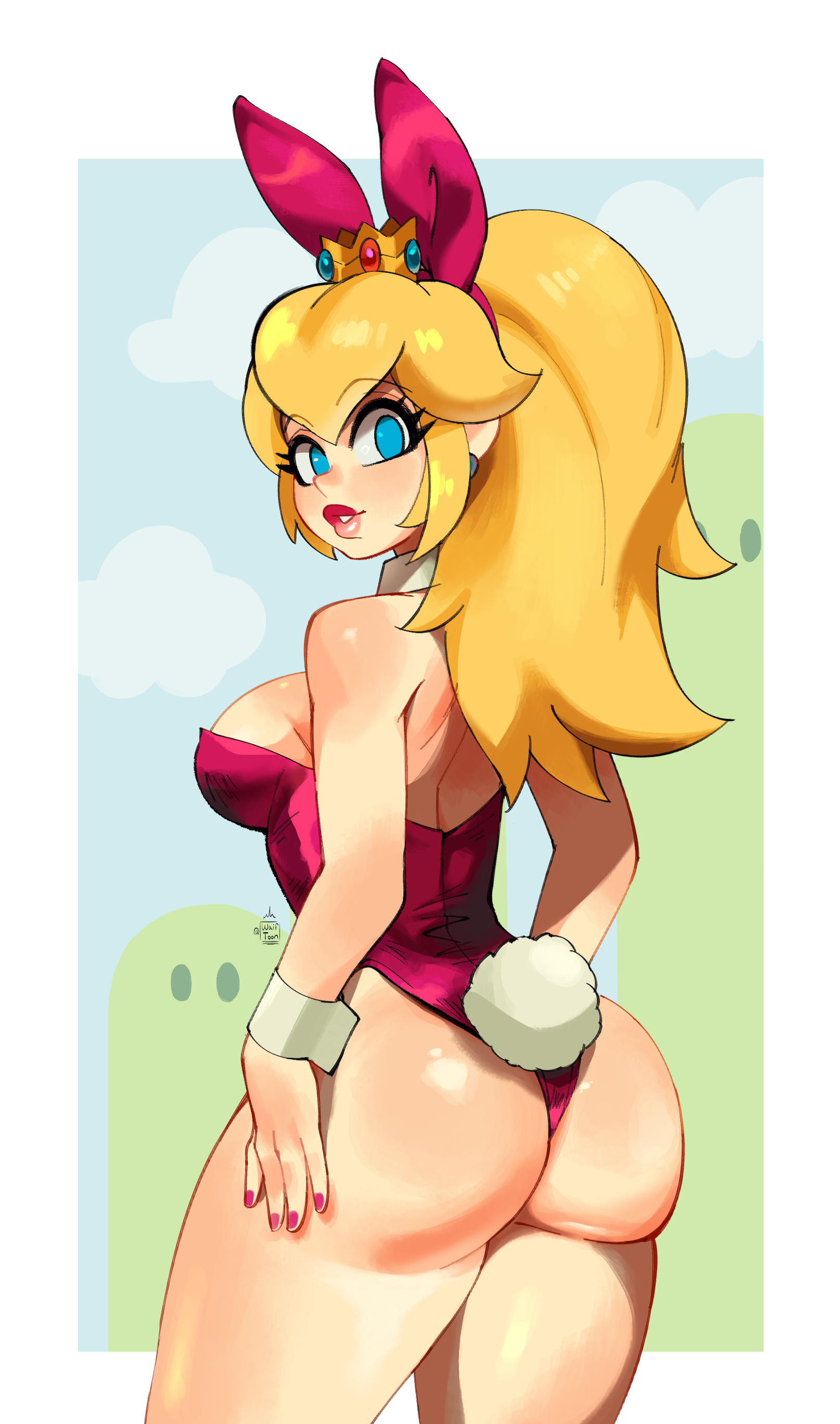 alternate version at source, alternate version available, ass, ass focus, big ass, big butt, blonde, blonde female, blonde hair, blonde hair female, blonde-haired female, blue eyes, blue eyes female, bunny ears, bunny tail, bunnysuit, butt, crown, easter, female, female focus, female only, looking at viewer, mario (series), nintendo, pink bunny ears, pink bunnysuit, pink lips, pink lipstick, ponytail, princess, princess peach, super mario bros., waiftoon