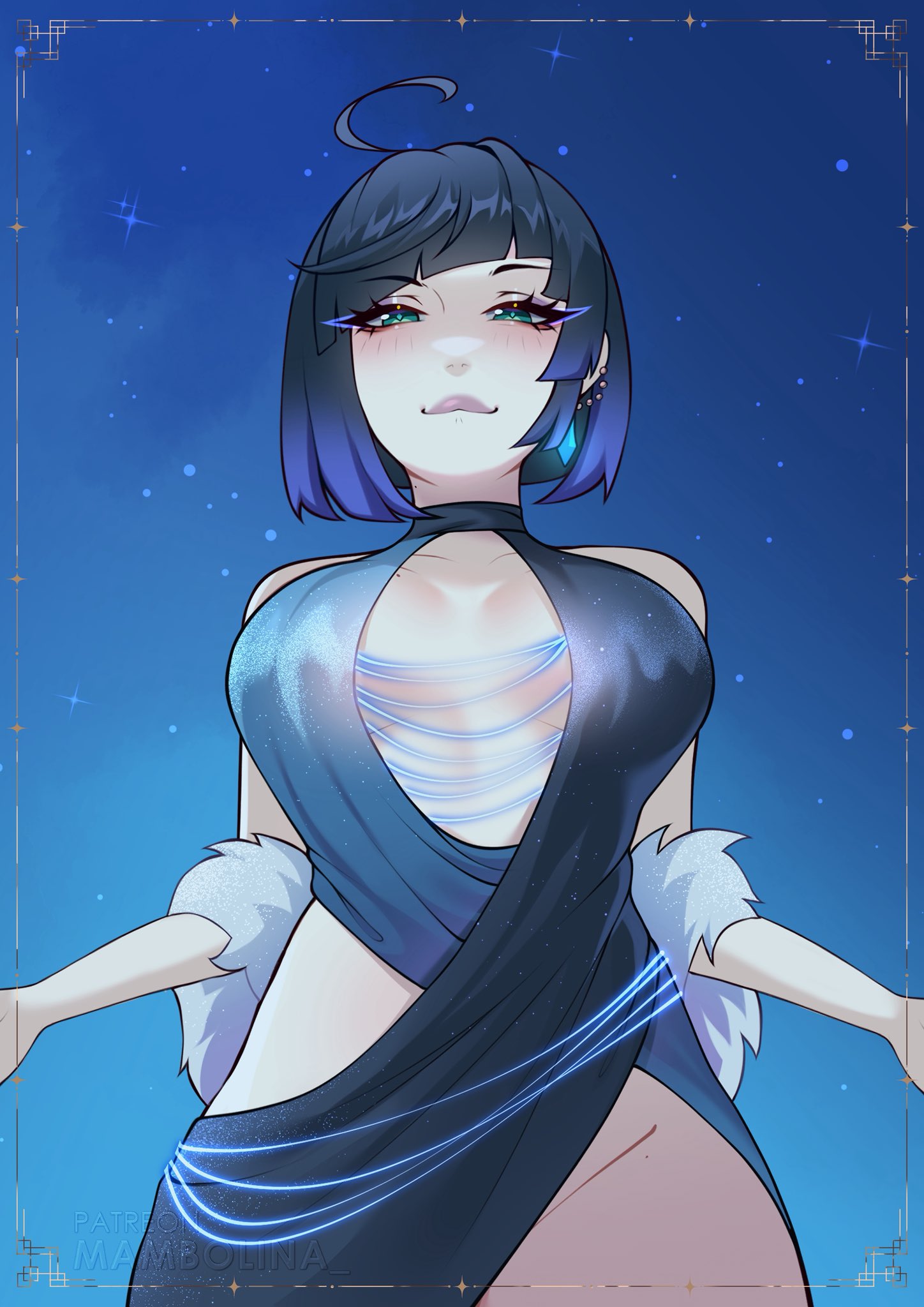 1girls, 2d, ahoge, big breasts, biting lip, black hair, blue background, blue dress, blue hair, breasts, dress, earrings, eyelashes, female, female focus, female only, fur, genshin impact, green eyes, hair, hi res, hoyoverse, jewelry, light skin, light-skinned female, looking at viewer, mambolina, mihoyo, mole, multicolored hair, patreon, patreon username, seductive, short hair, sideboob, solo, solo female, solo focus, tagme, watermark, yelan (genshin impact)